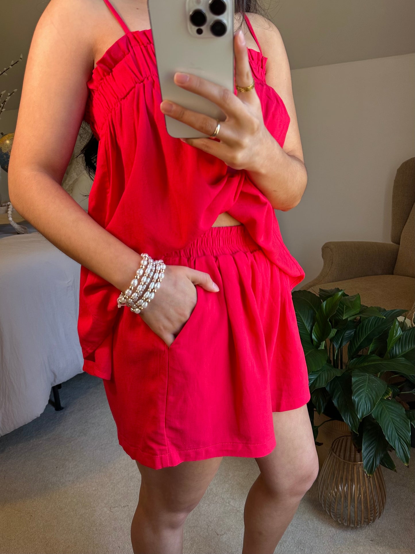 Red Linen Babydoll Top & Shorts Set
