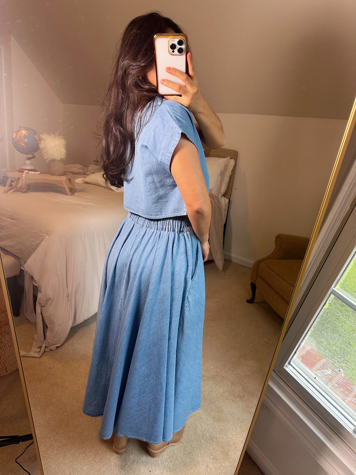 Denim Top and Poplin Pleated Skirt Set