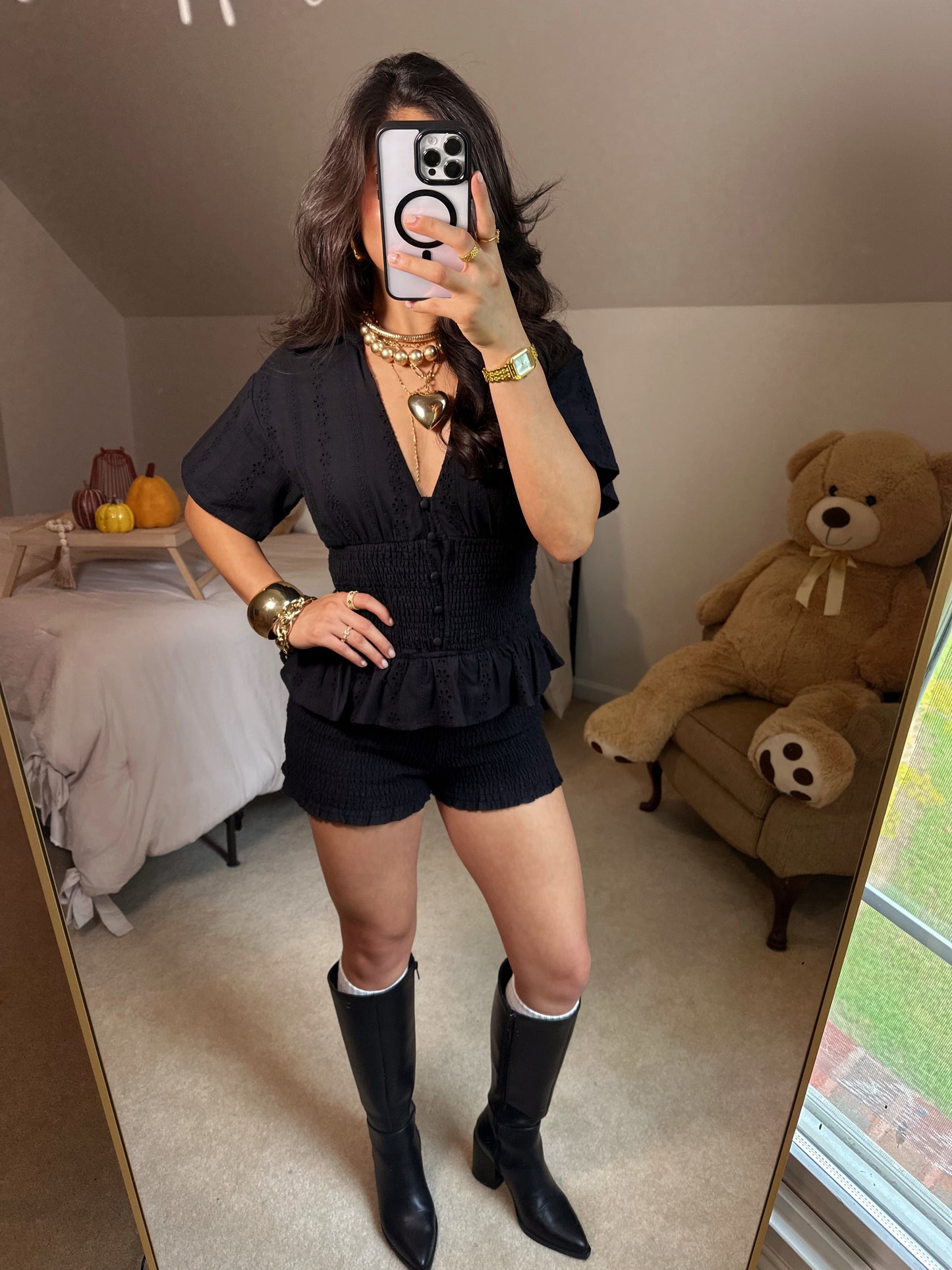Black Ditsy Floral Smocked Romper