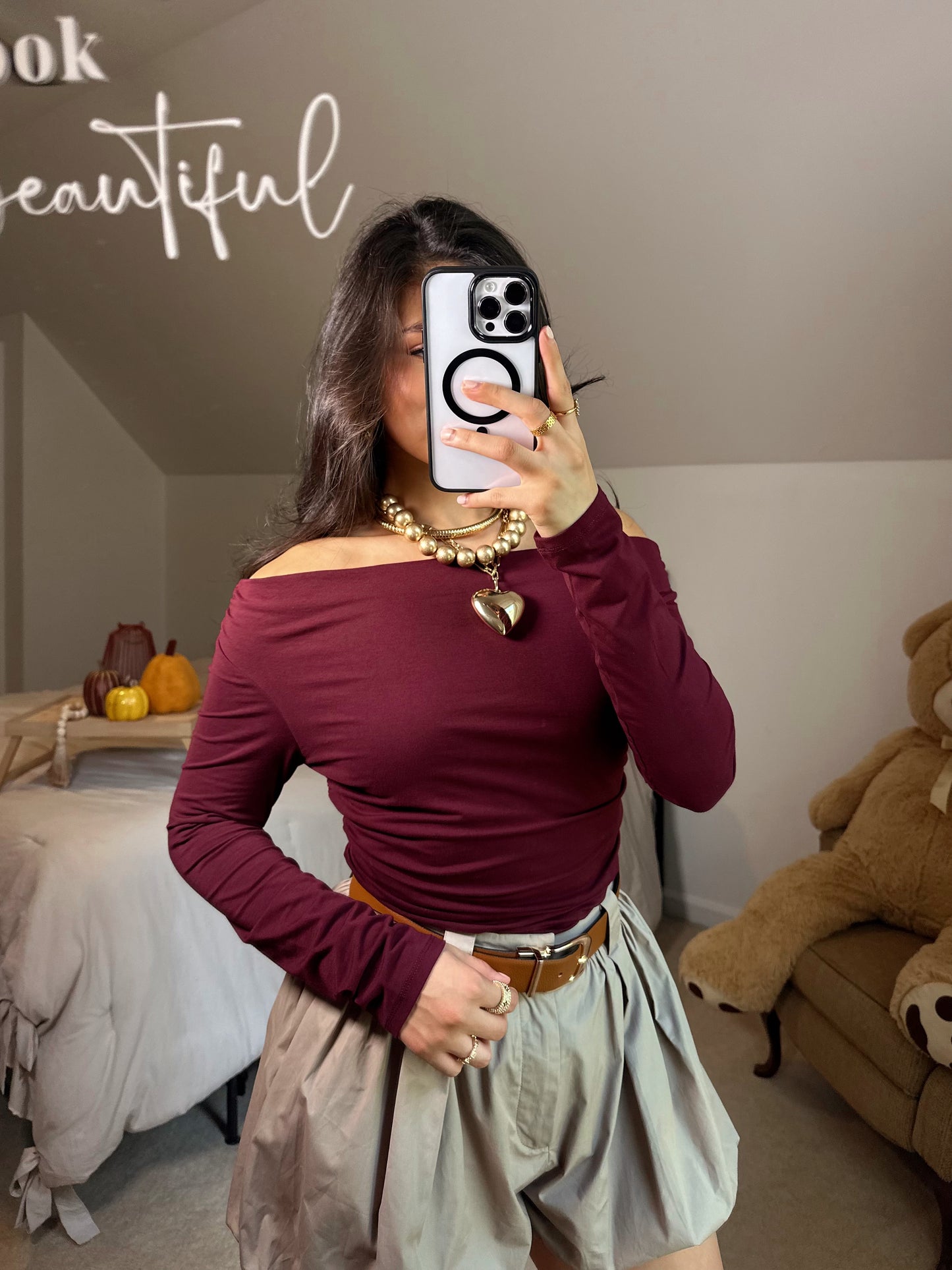 Burgundy Off-Shoulder Ruched Top
