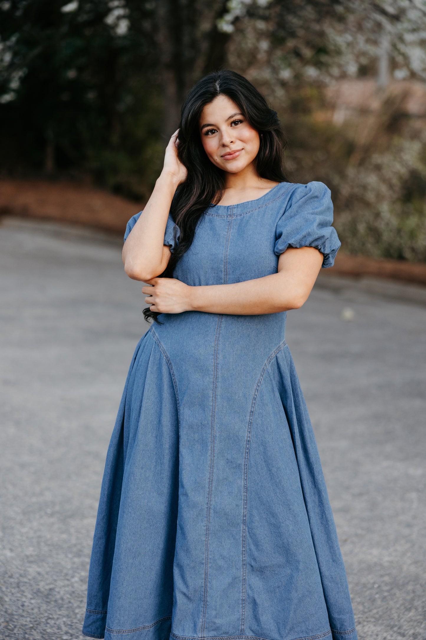 Denim Pleated Drop Waist Maxi Dress