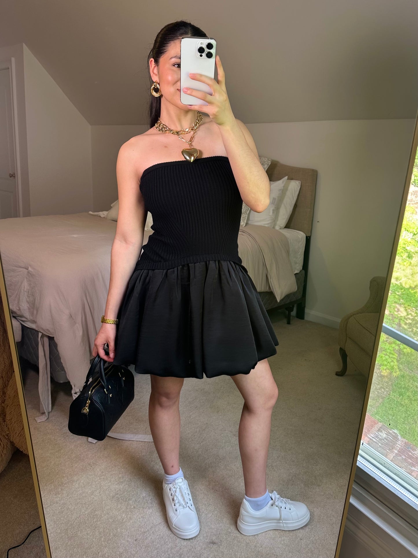 Black Mixed Sweater & Bubble Hem Mini Dress