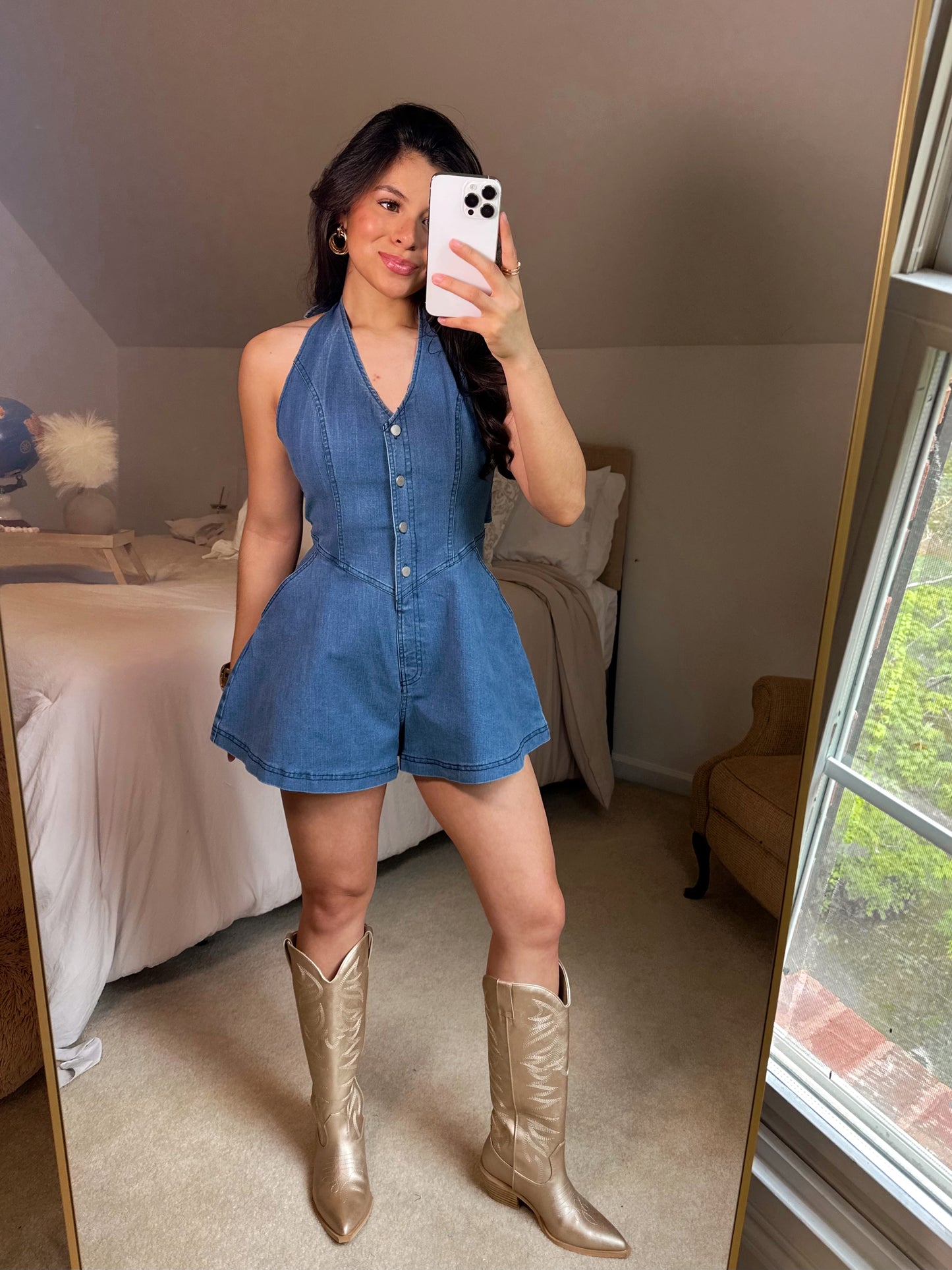 Girly Halter Open Back Denim Romper