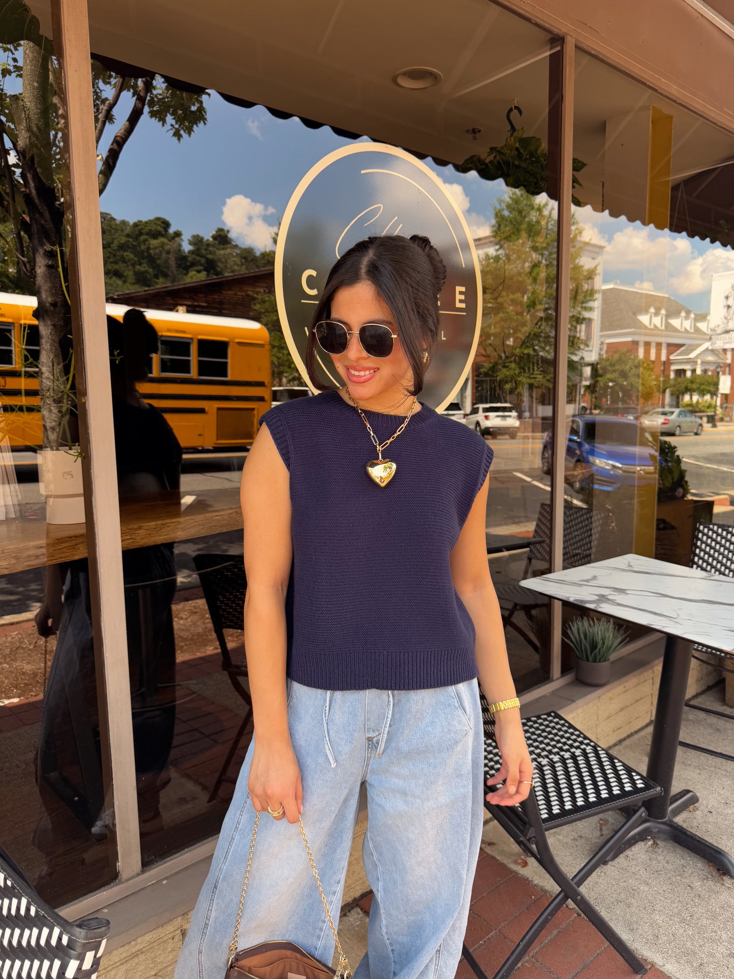 Navy Open Back Knit Top