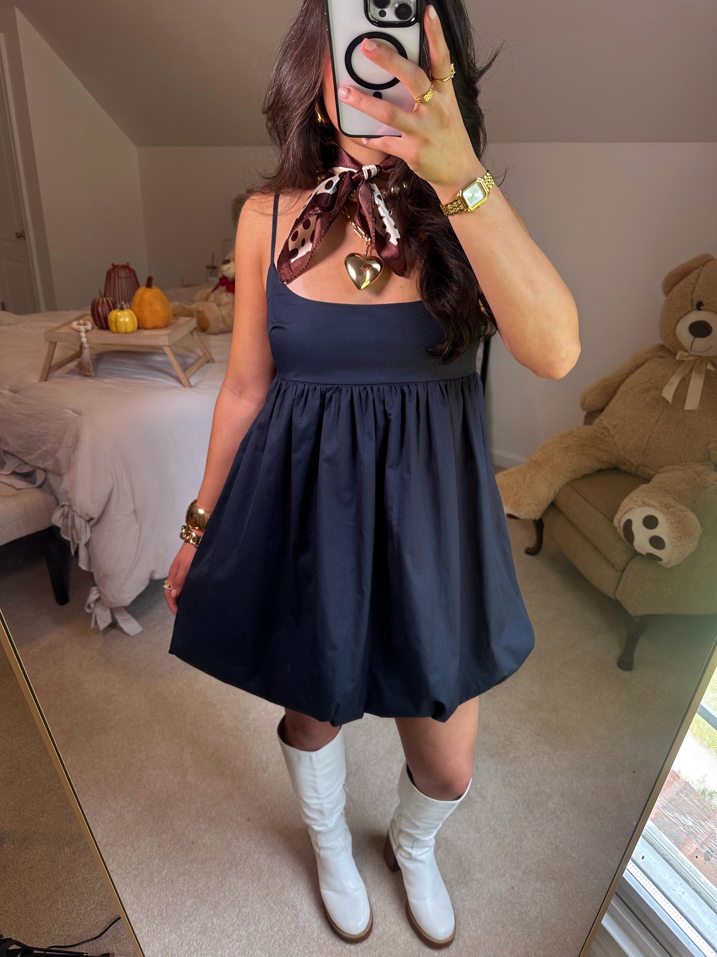 Navy Poplin Bubble Hem Dress