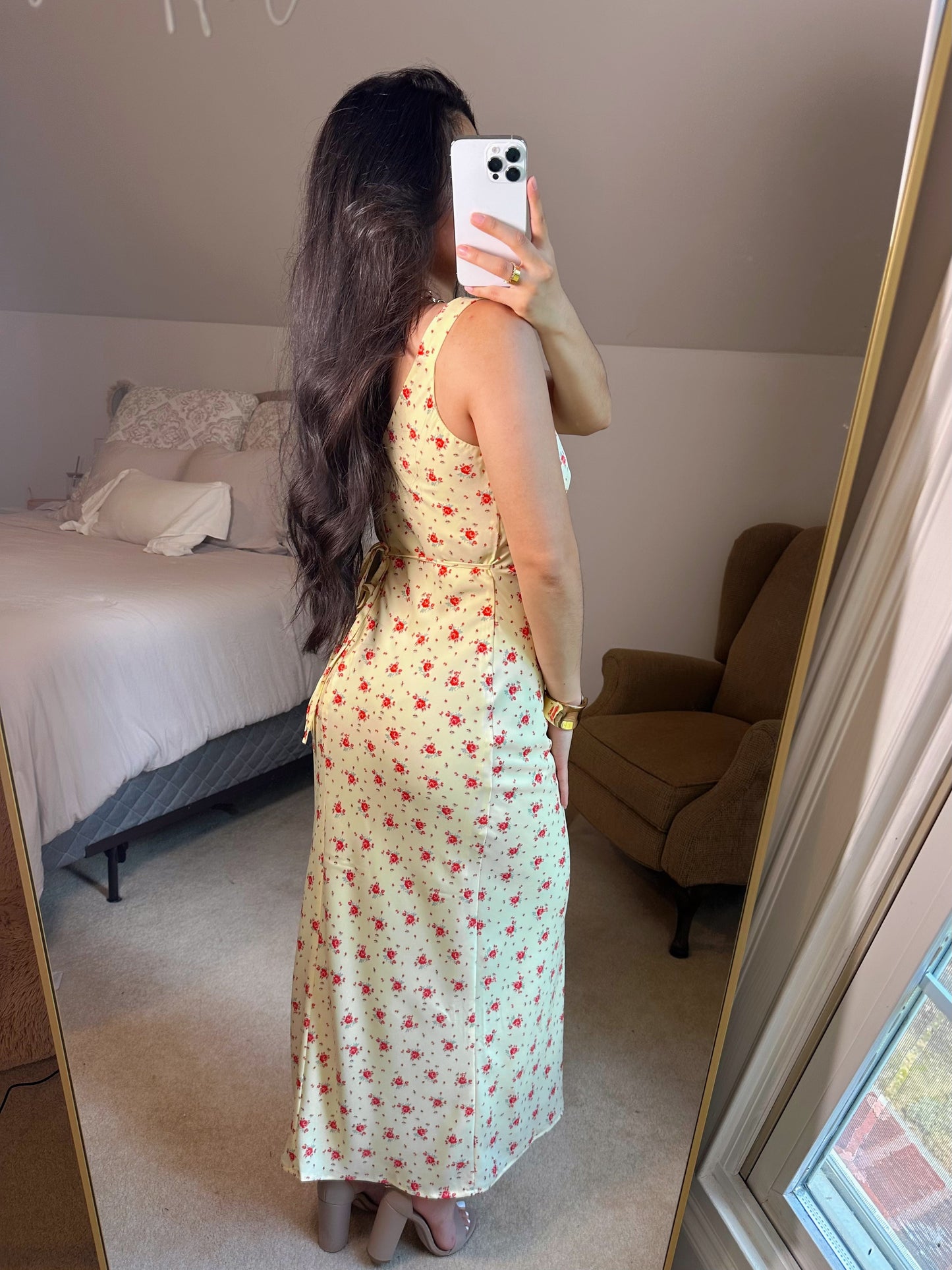 Yellow & Red Floral Satin Midi Dress