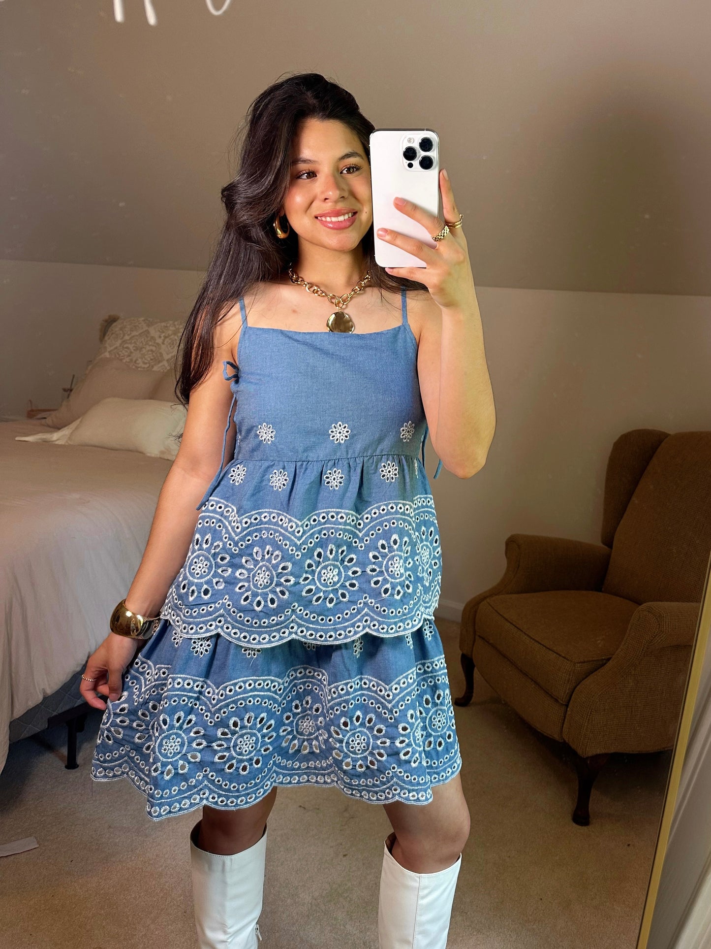 Blue Floral Embroidery Dress