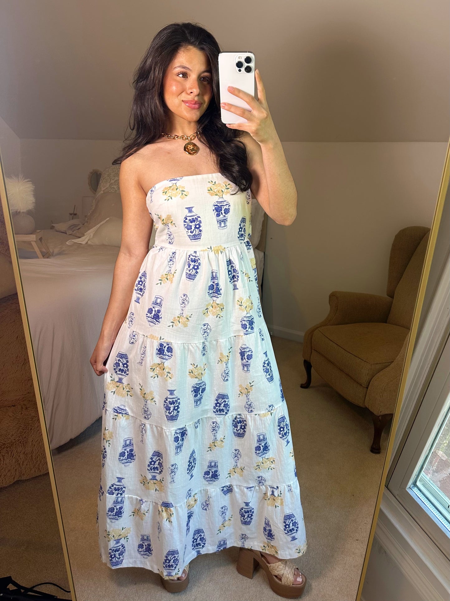 Greece Flower Vase Tube Open Back Dress