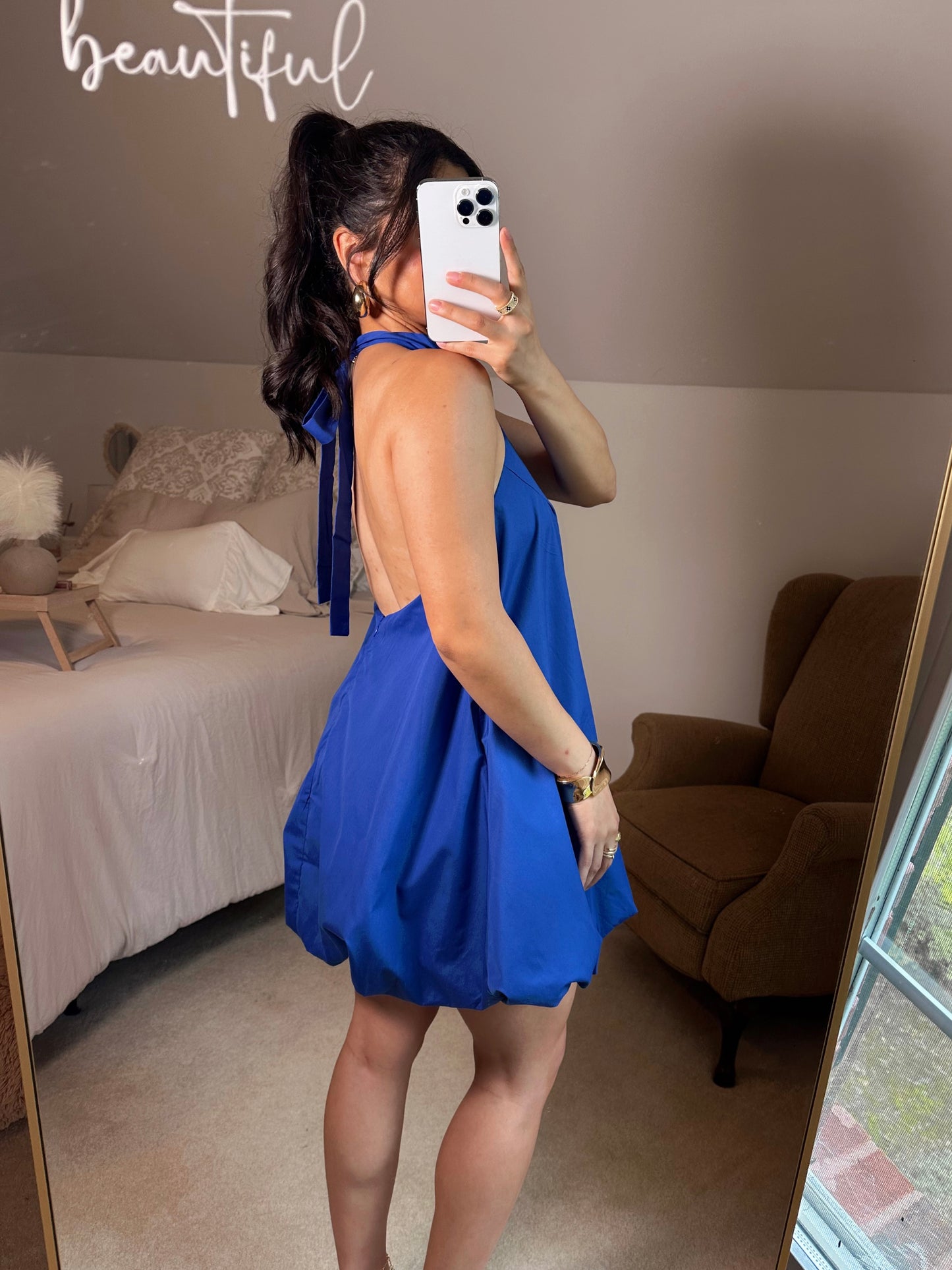 Blue Halter Neck Open Back Bubble Dress