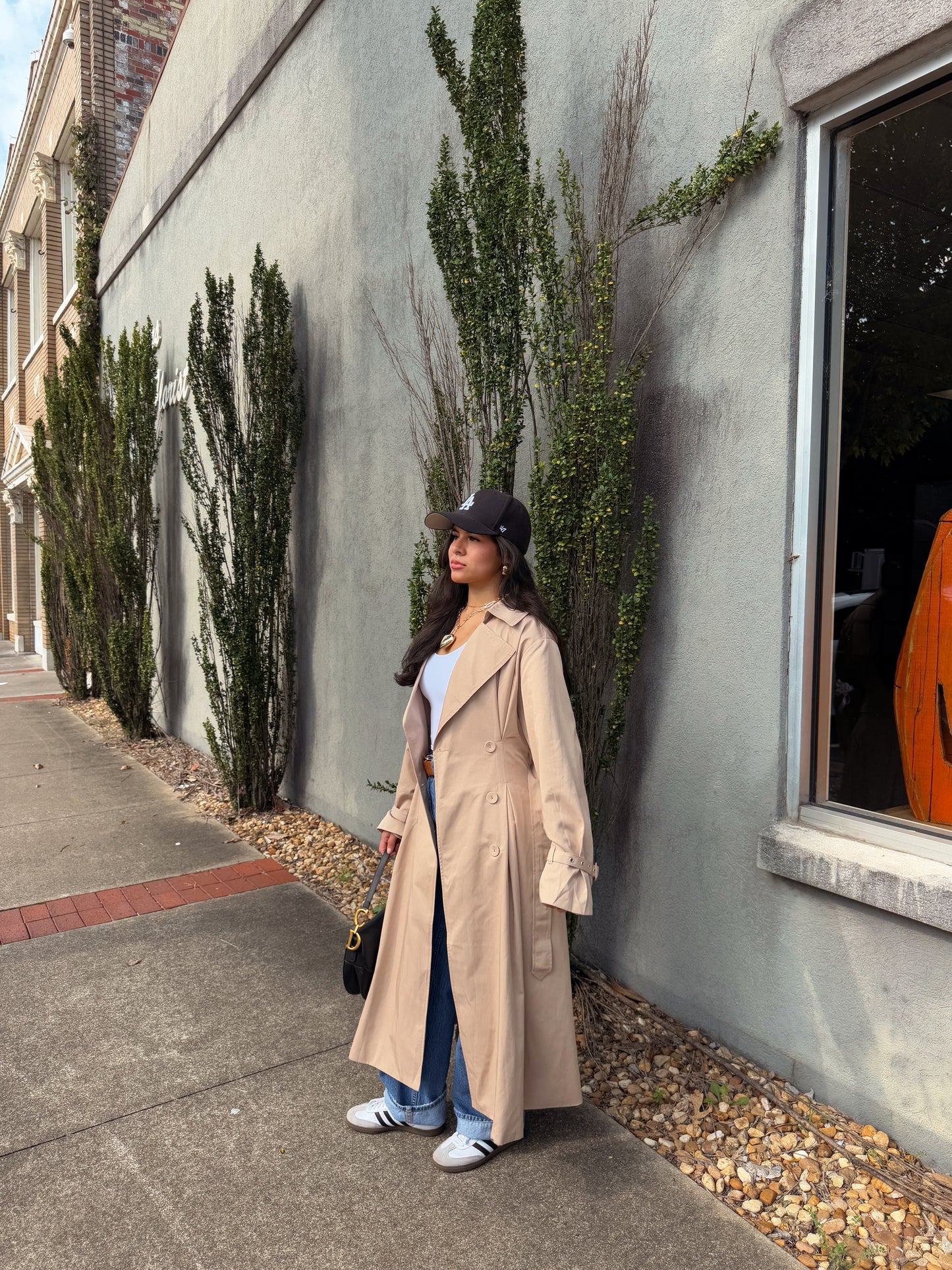 Latte Double Breasted Pleated Trench Coat