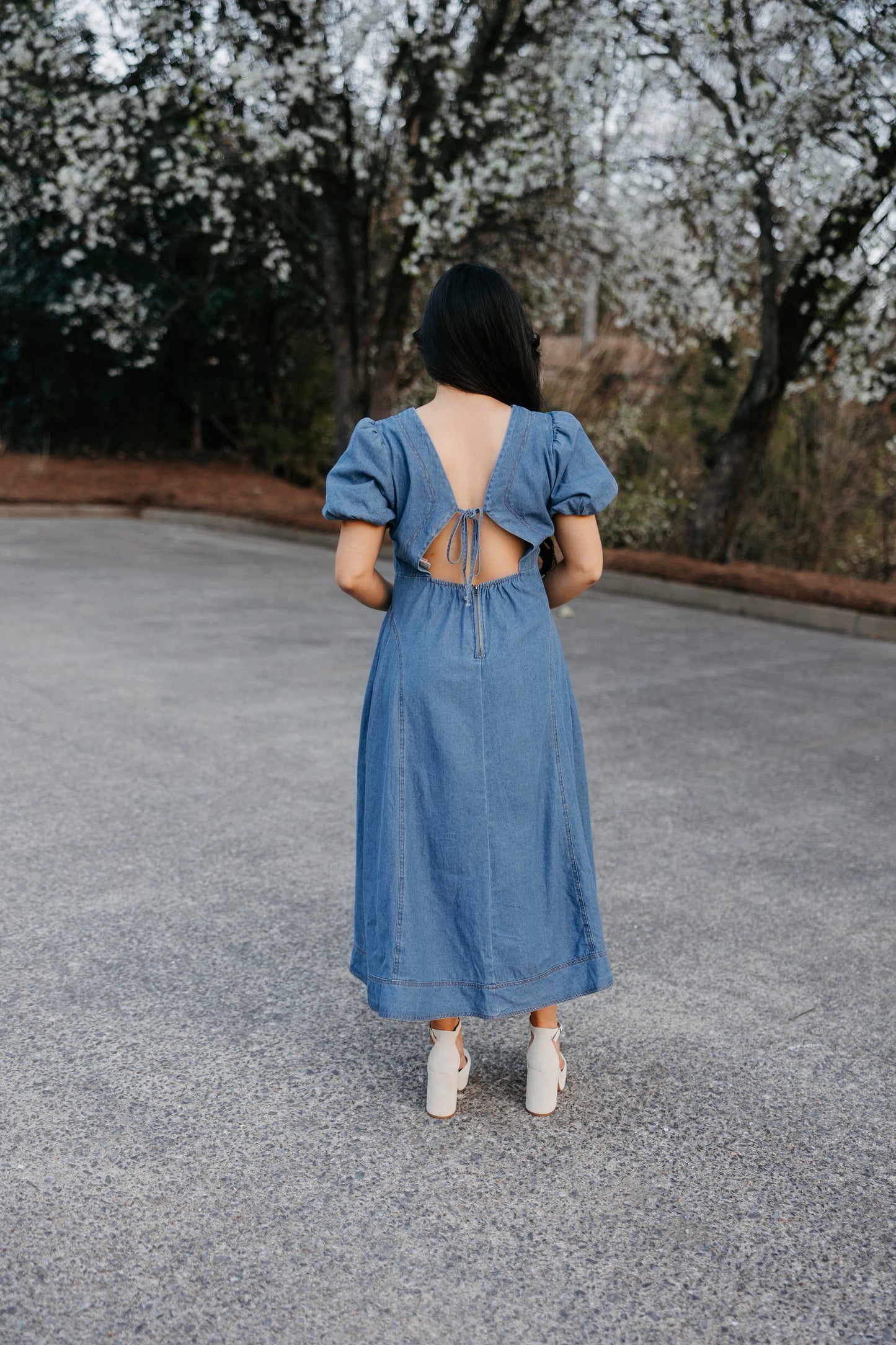 Denim Pleated Drop Waist Maxi Dress