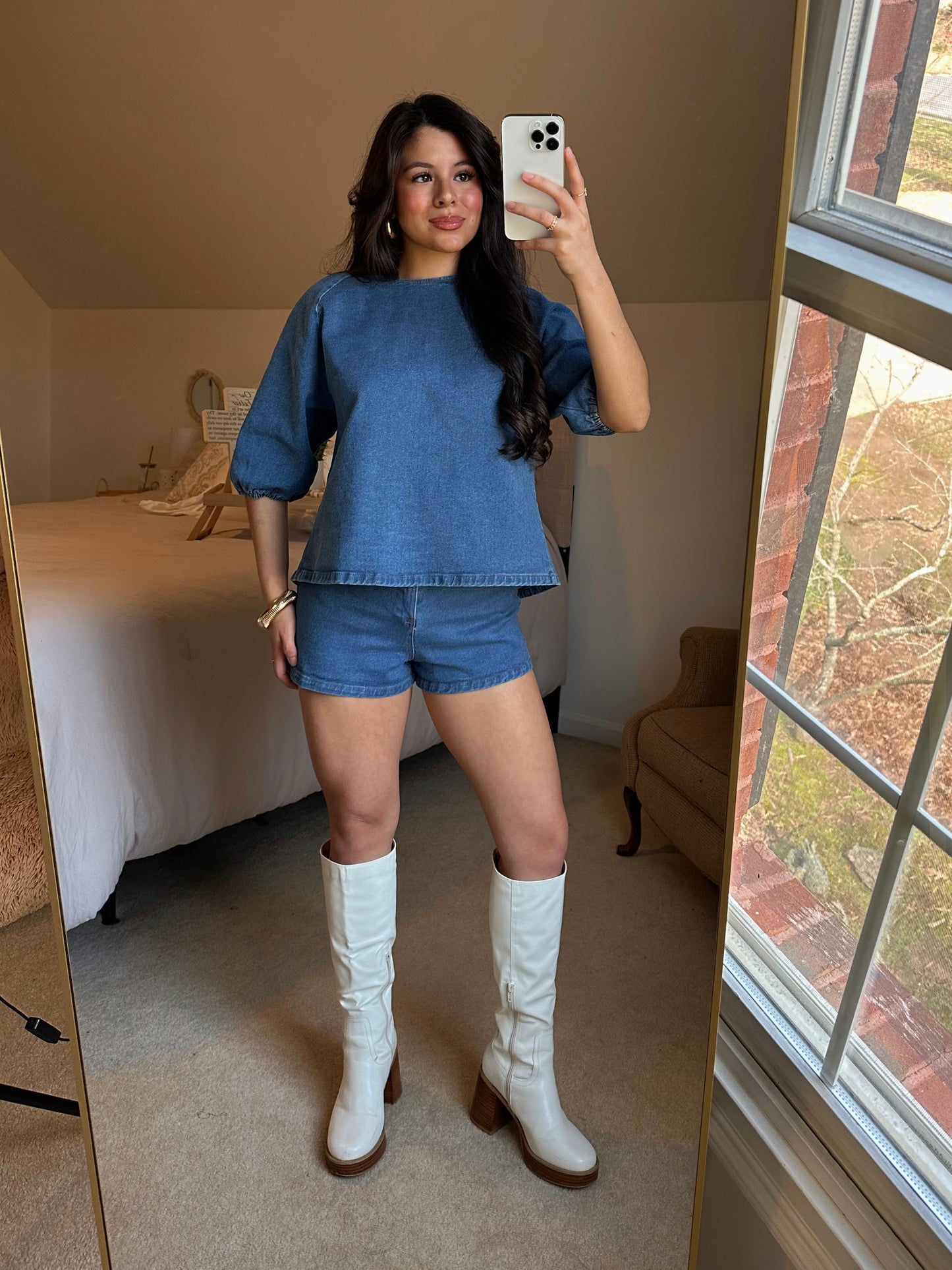 Denim Puff Sleeve Top & Shorts Set