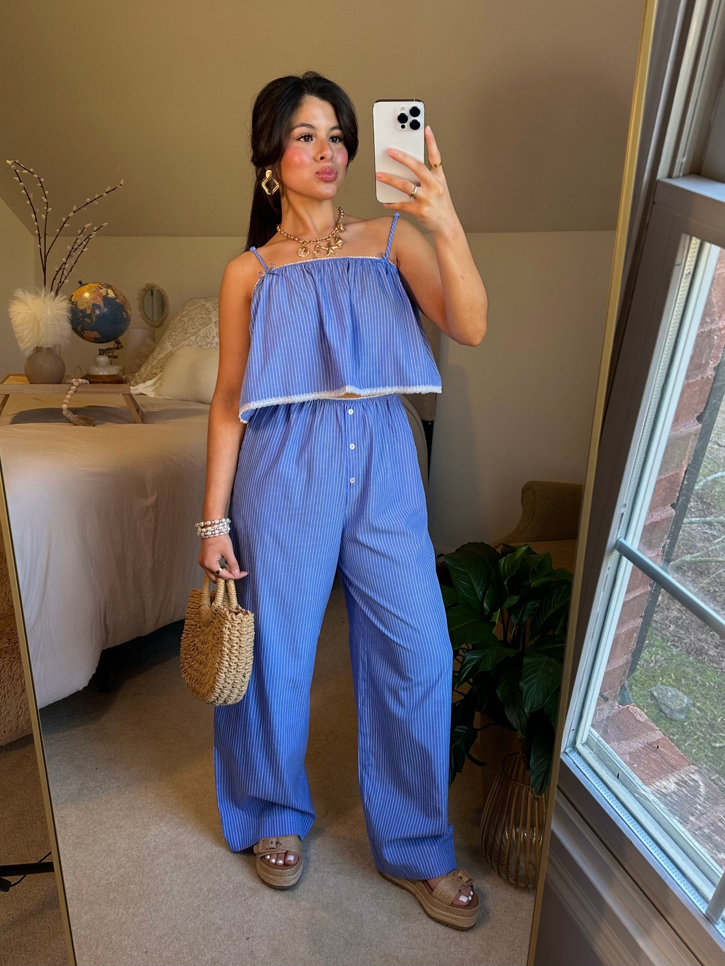 Blue Striped Poplin Cami & Pants Set
