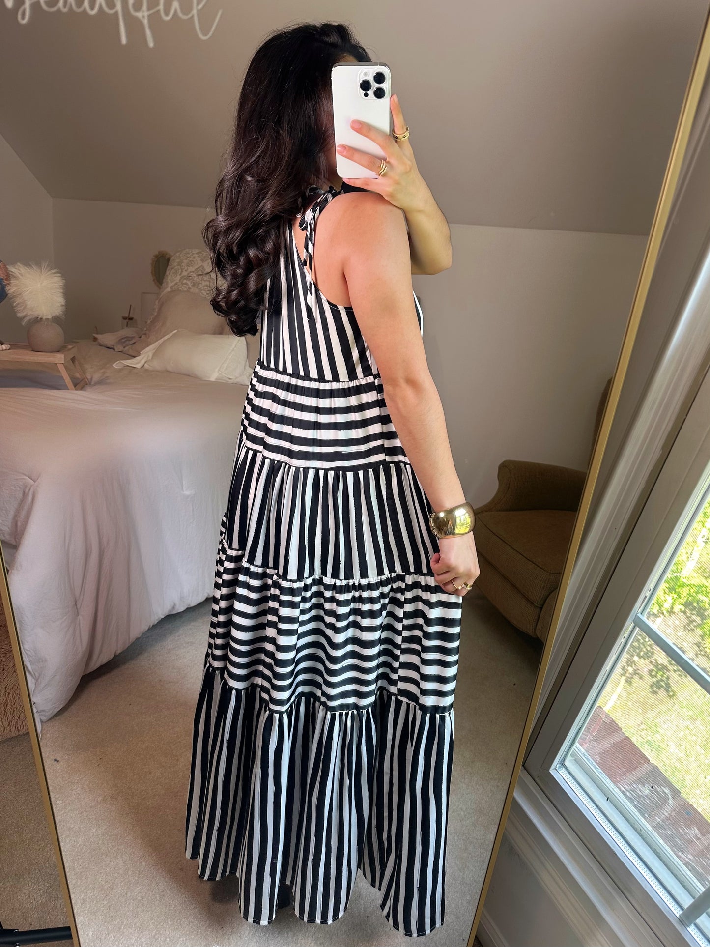 Black & White Striped Halter Maxi Dress