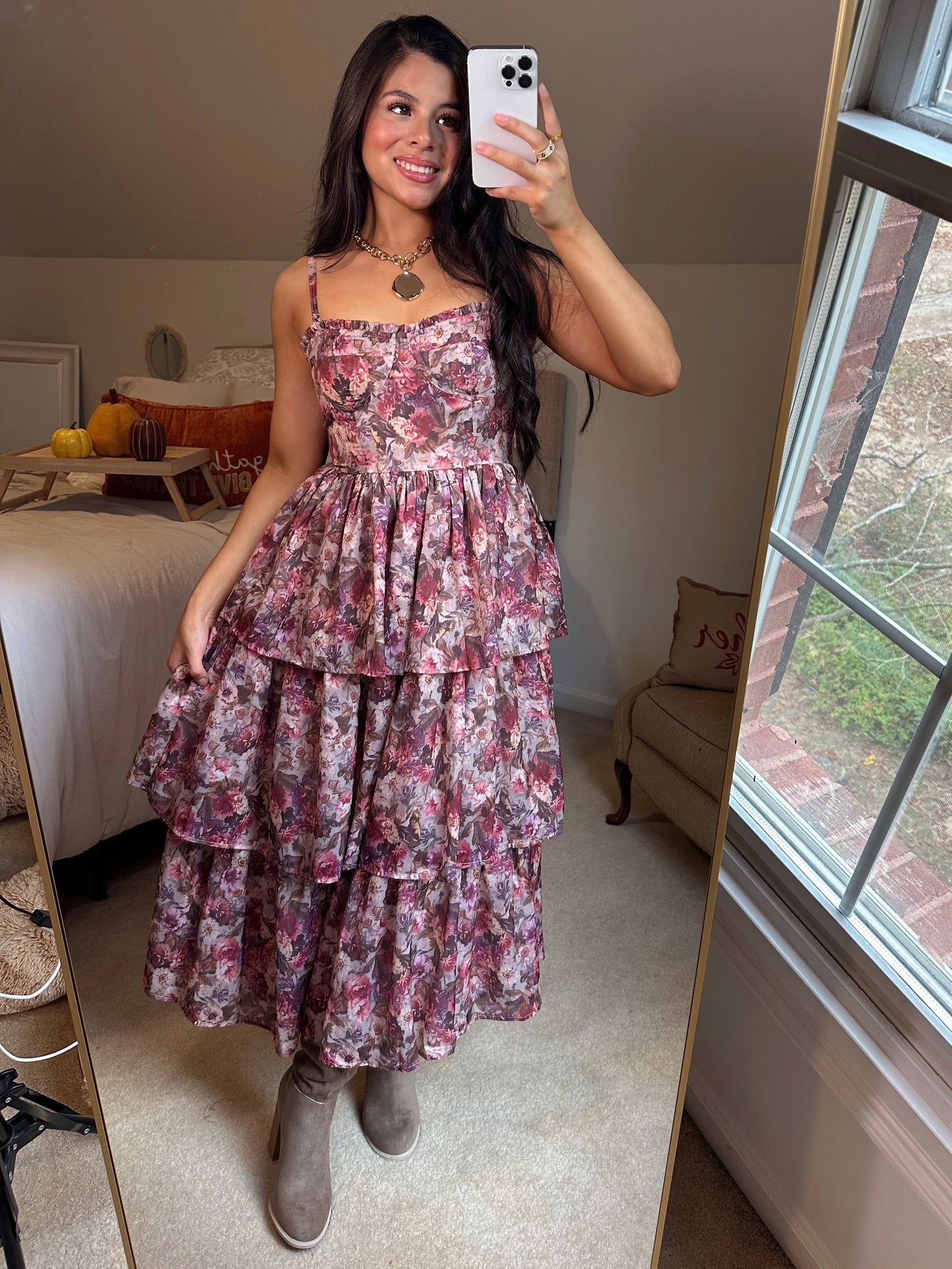 Pink Hues Floral Tiered Midi Dress