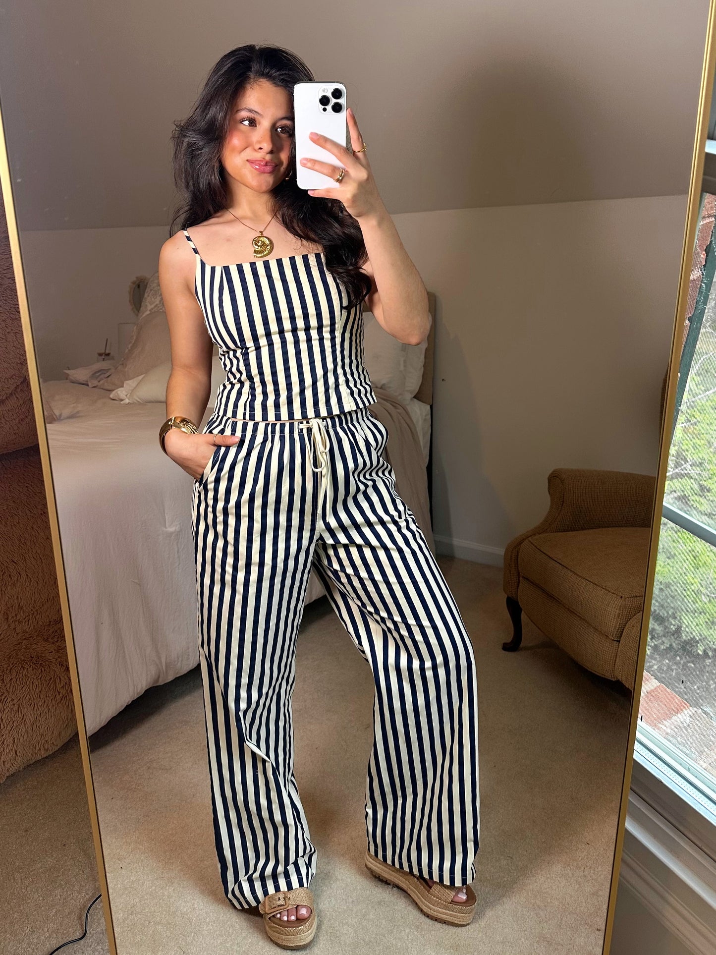 Navy & Ivory Striped Top & Pants Set