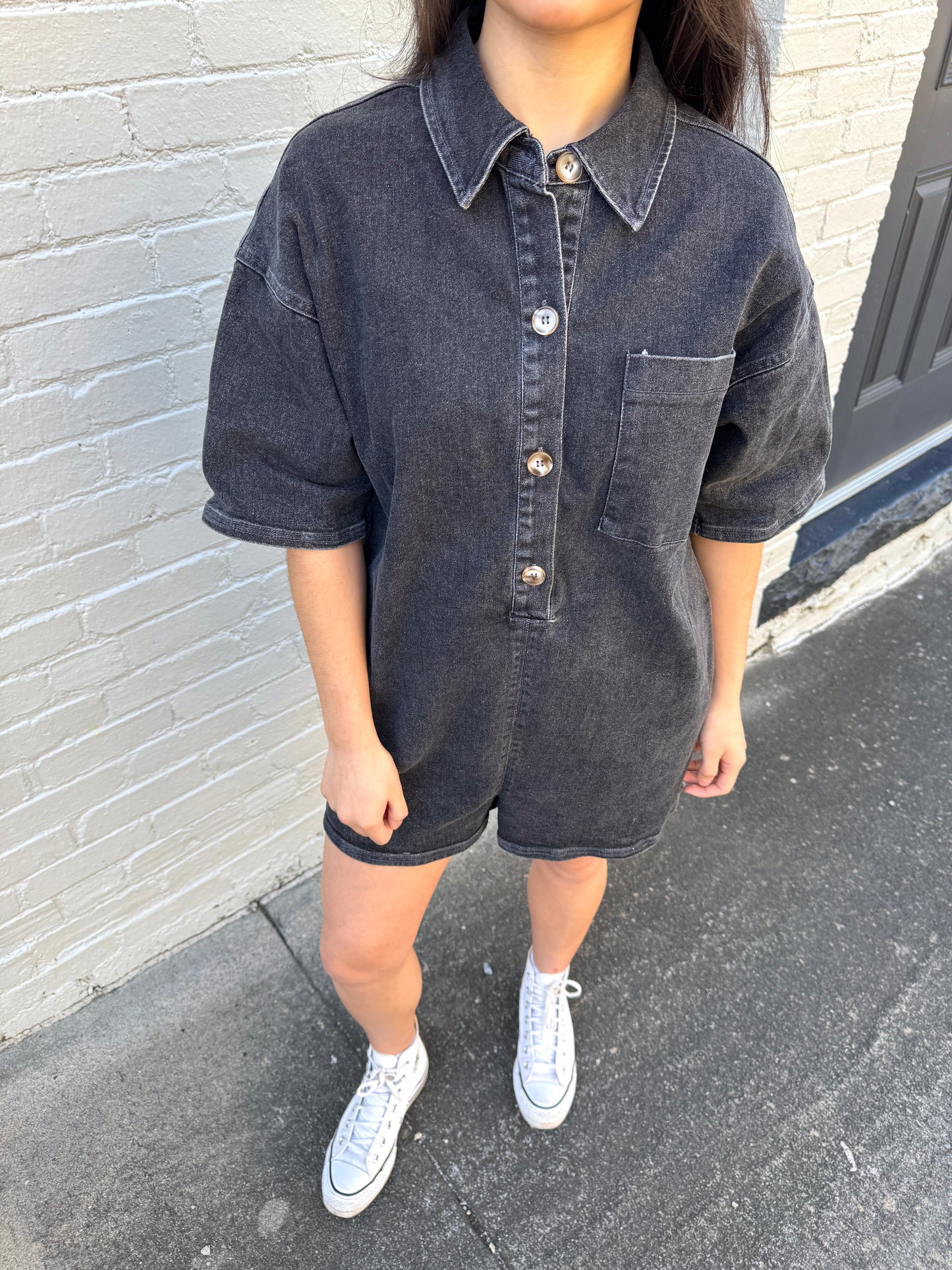 Classic Washed Black Denim Romper
