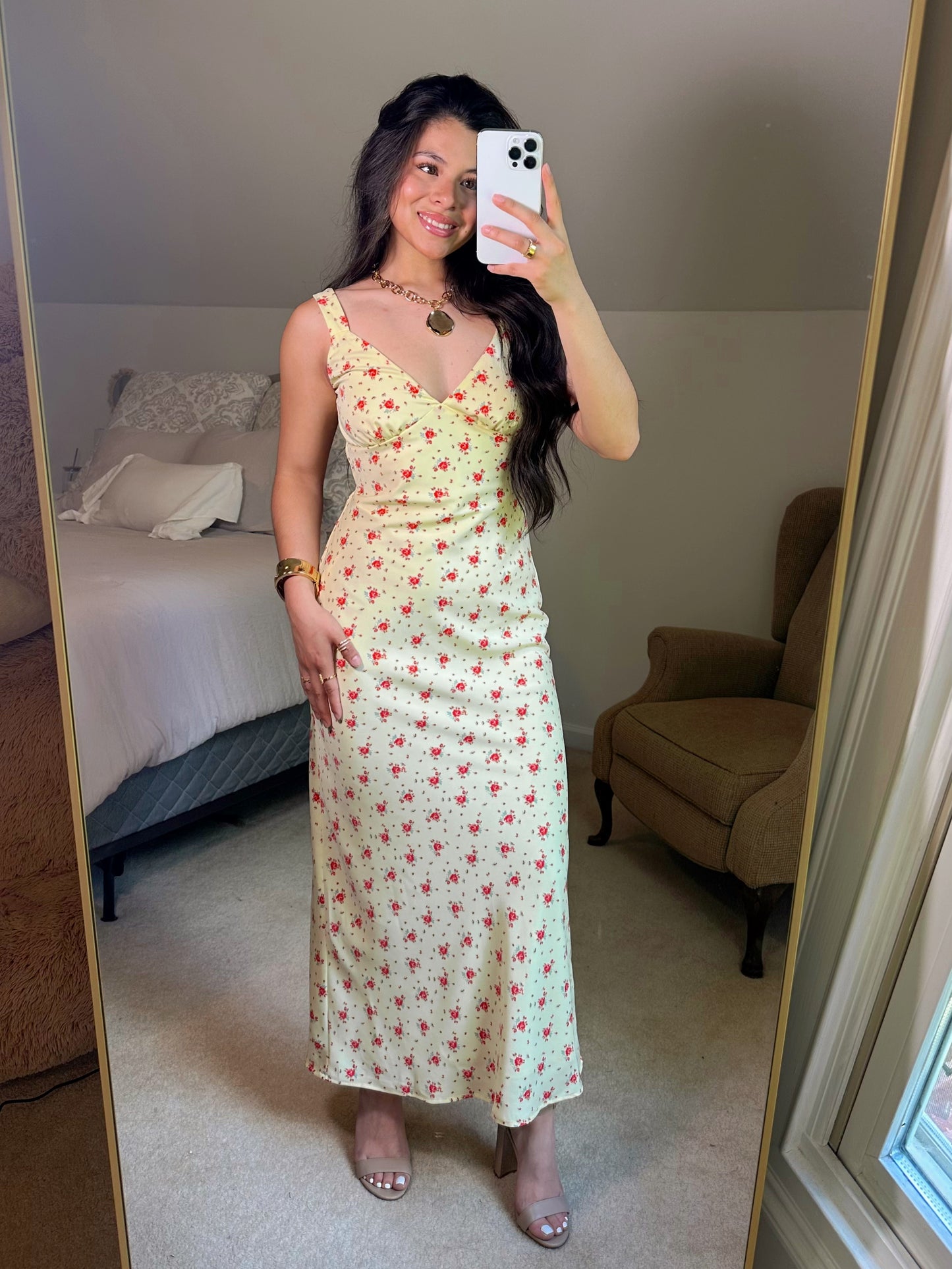 Yellow & Red Floral Satin Midi Dress