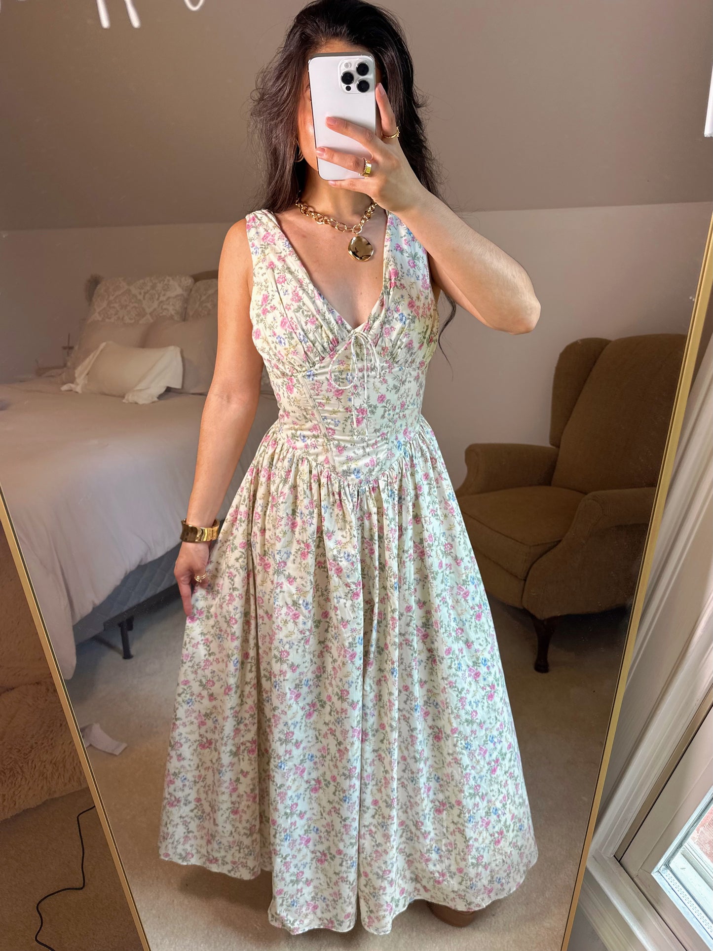 Floral V-Neck Corset Waist Maxi Dress