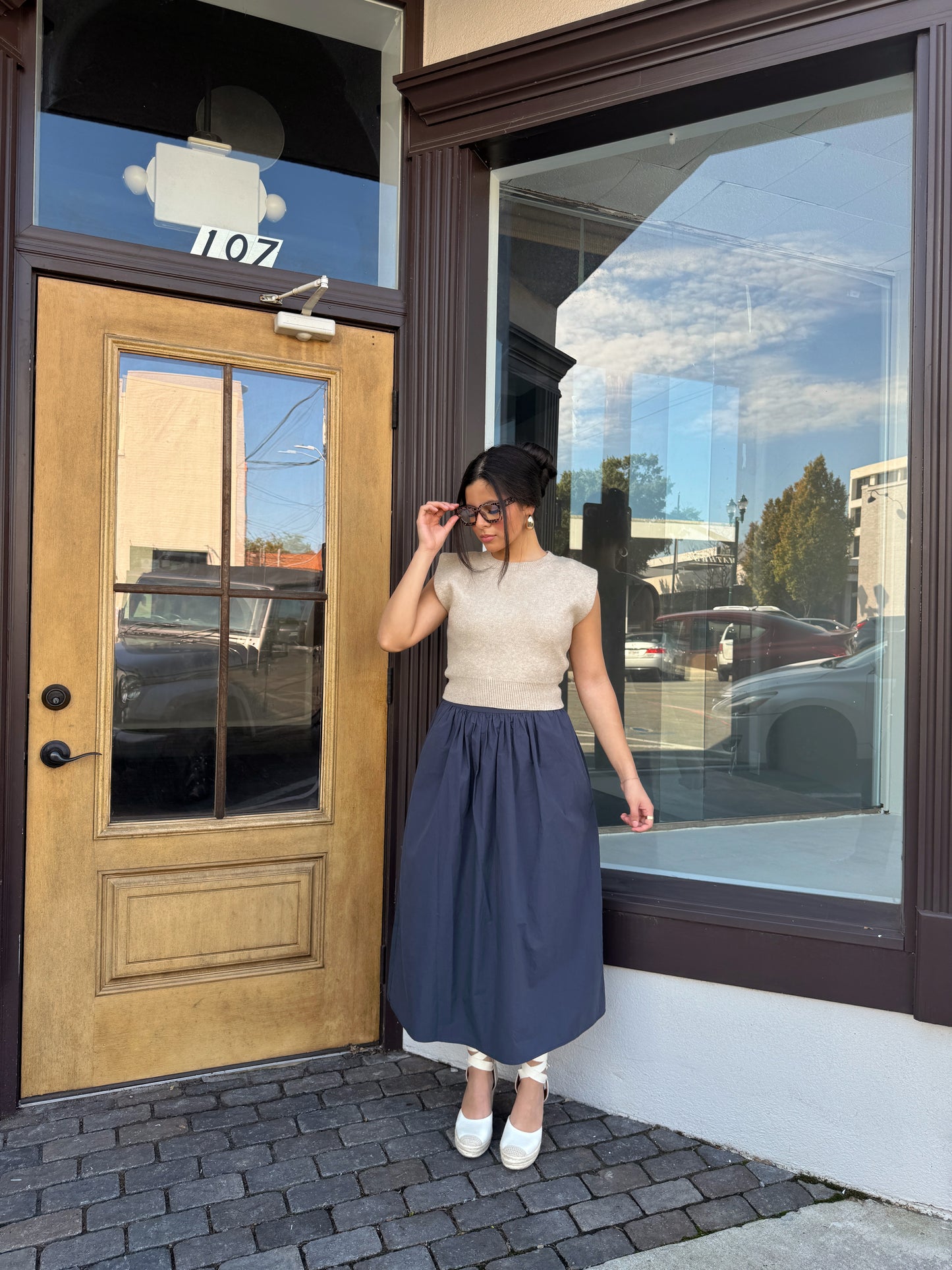 Navy Poplin Midi Skirt