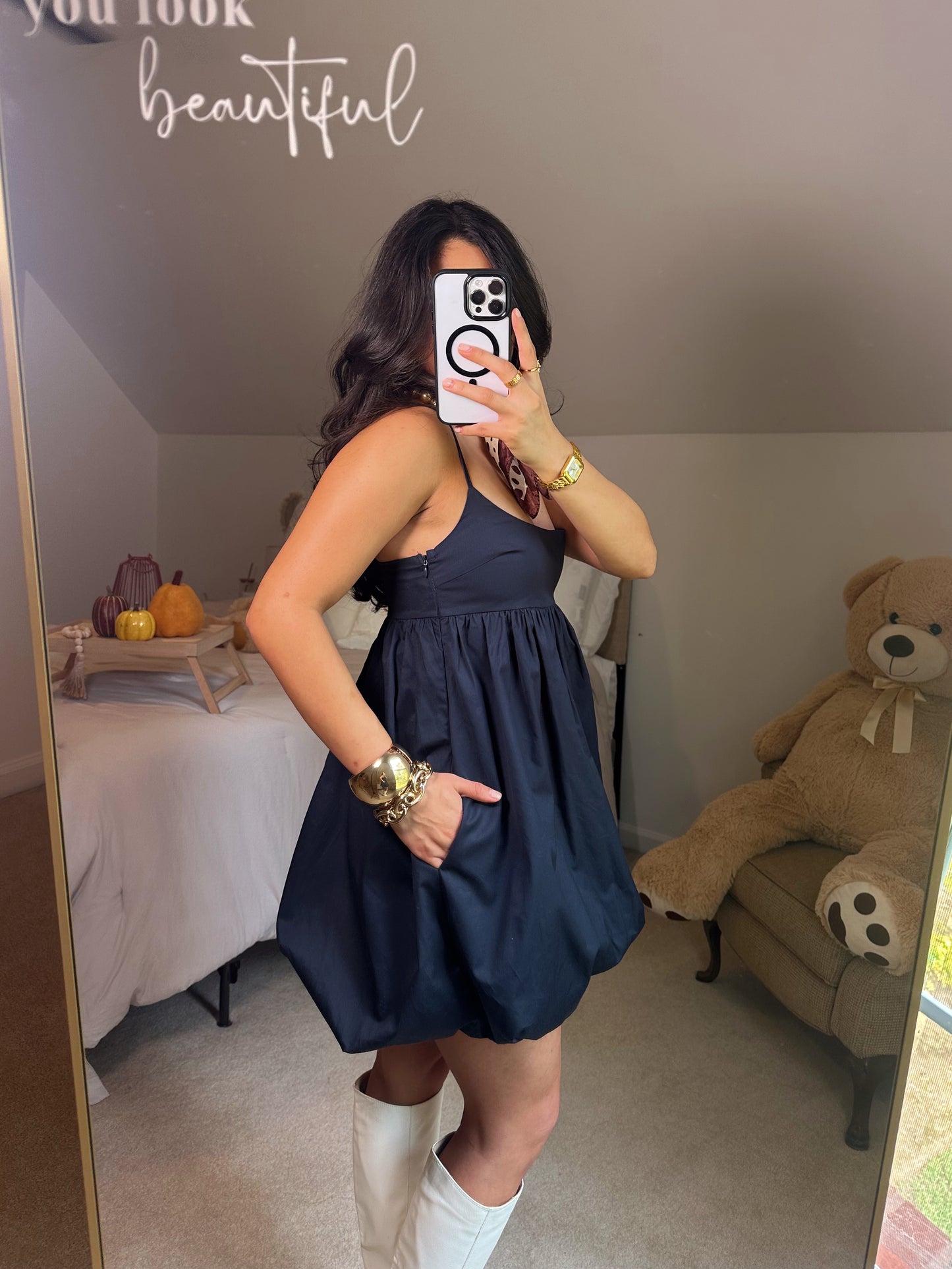 Navy Poplin Bubble Hem Dress