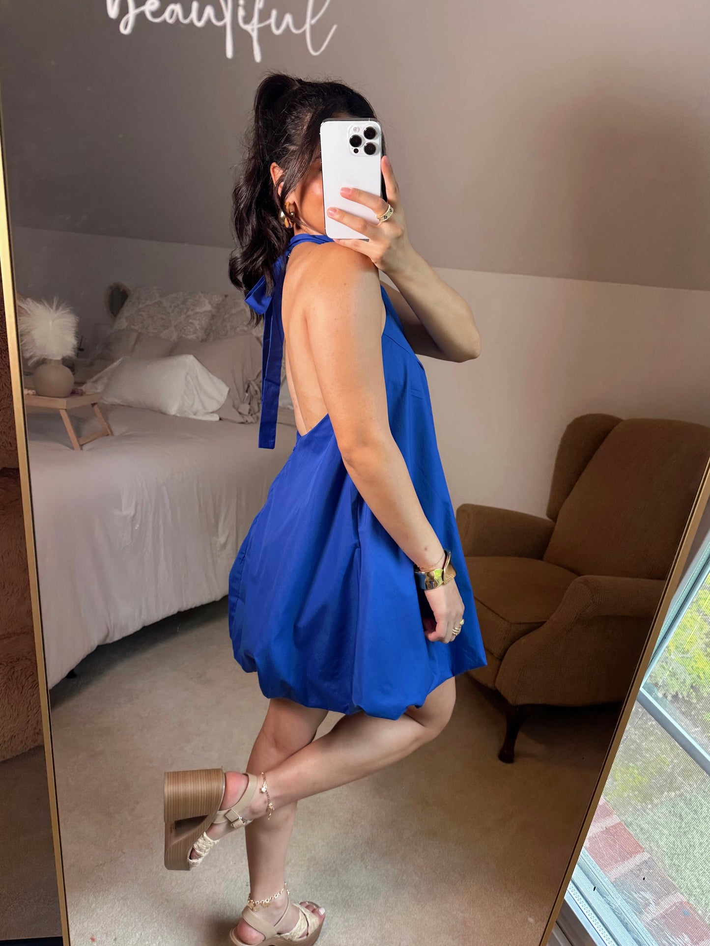 Blue Halter Neck Open Back Bubble Dress