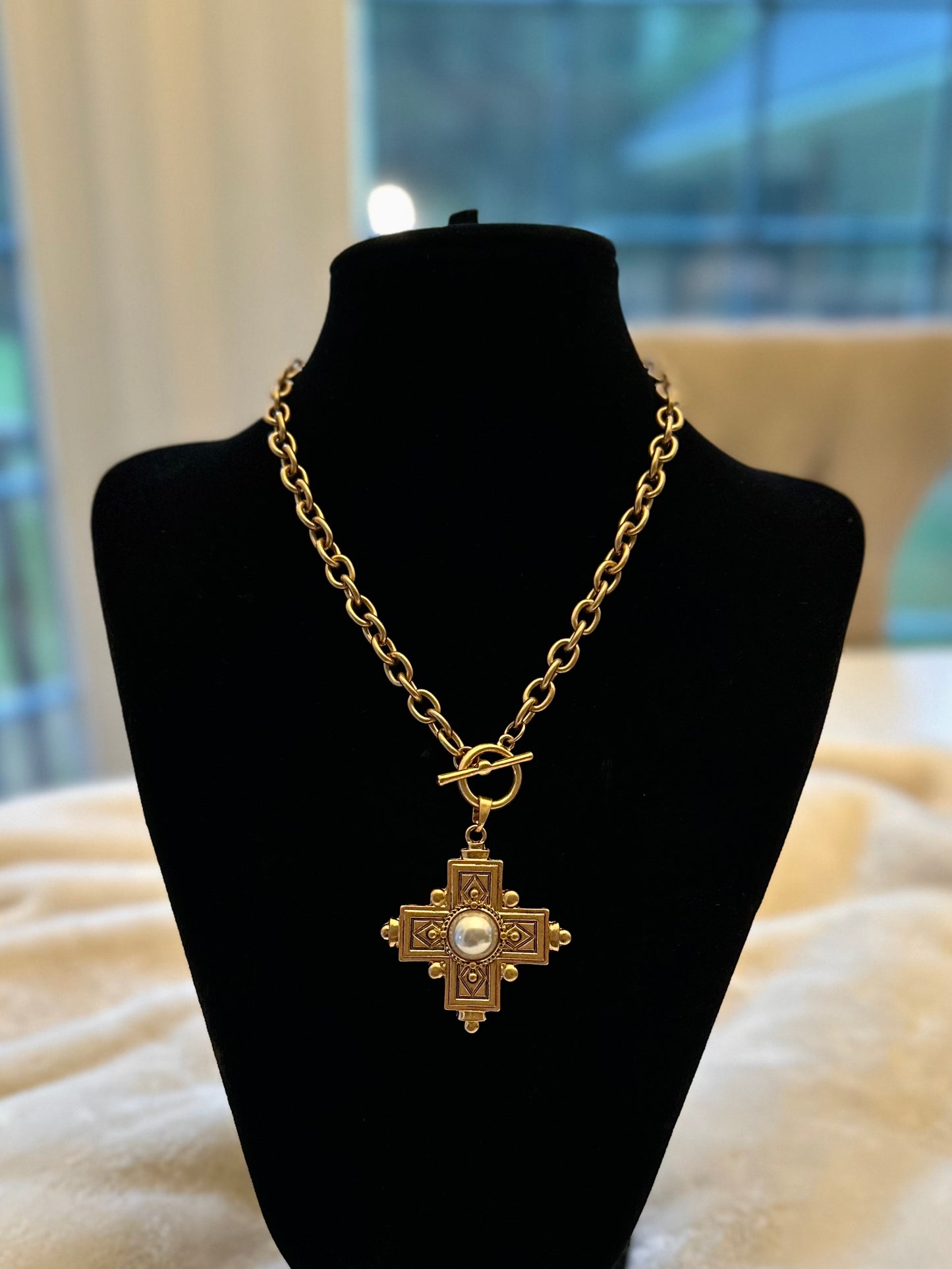 Cross & Pearl Cross Charm Matte Gold Necklace