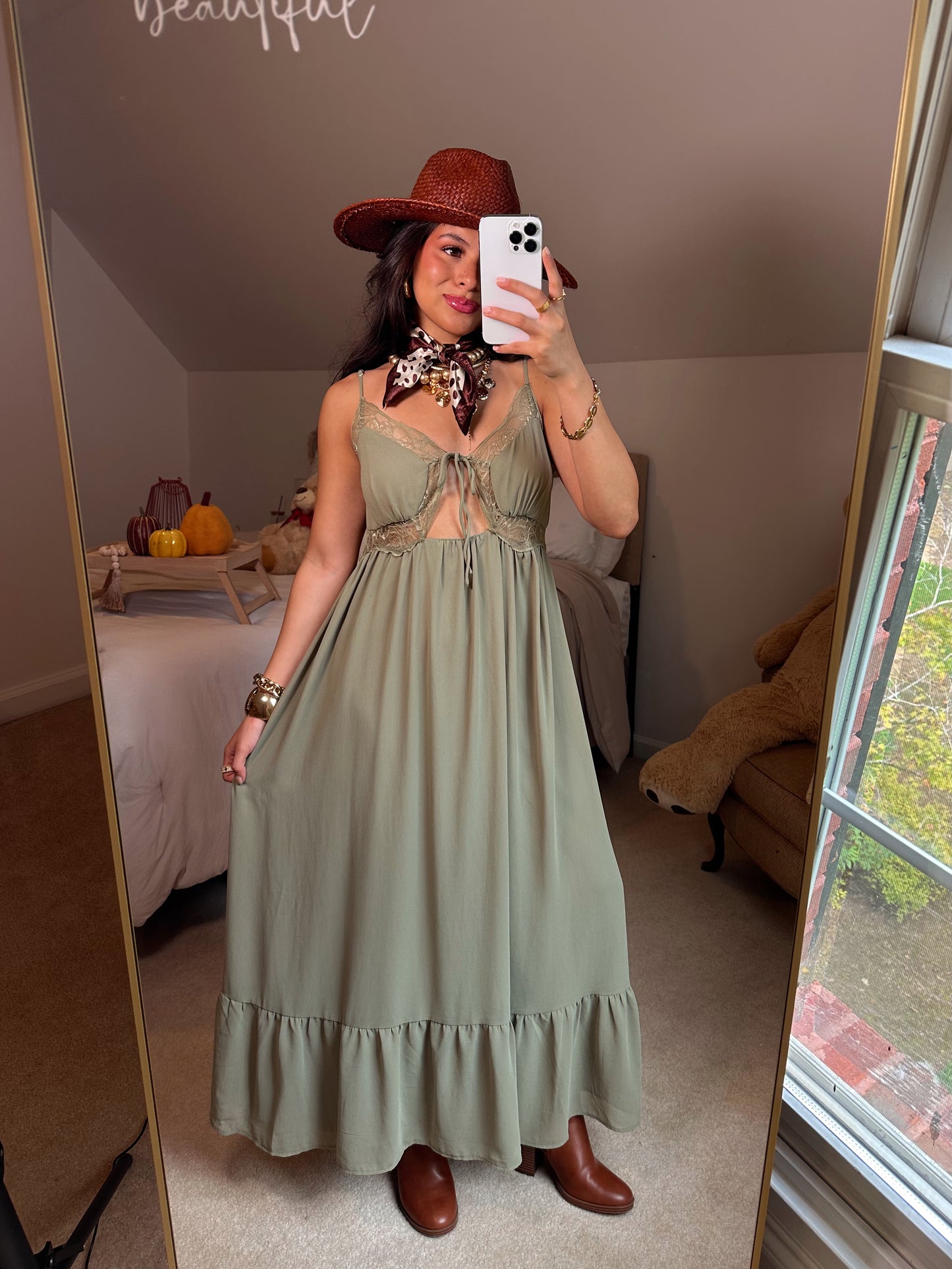 Olive Lace Cut-Out Maxi Dress