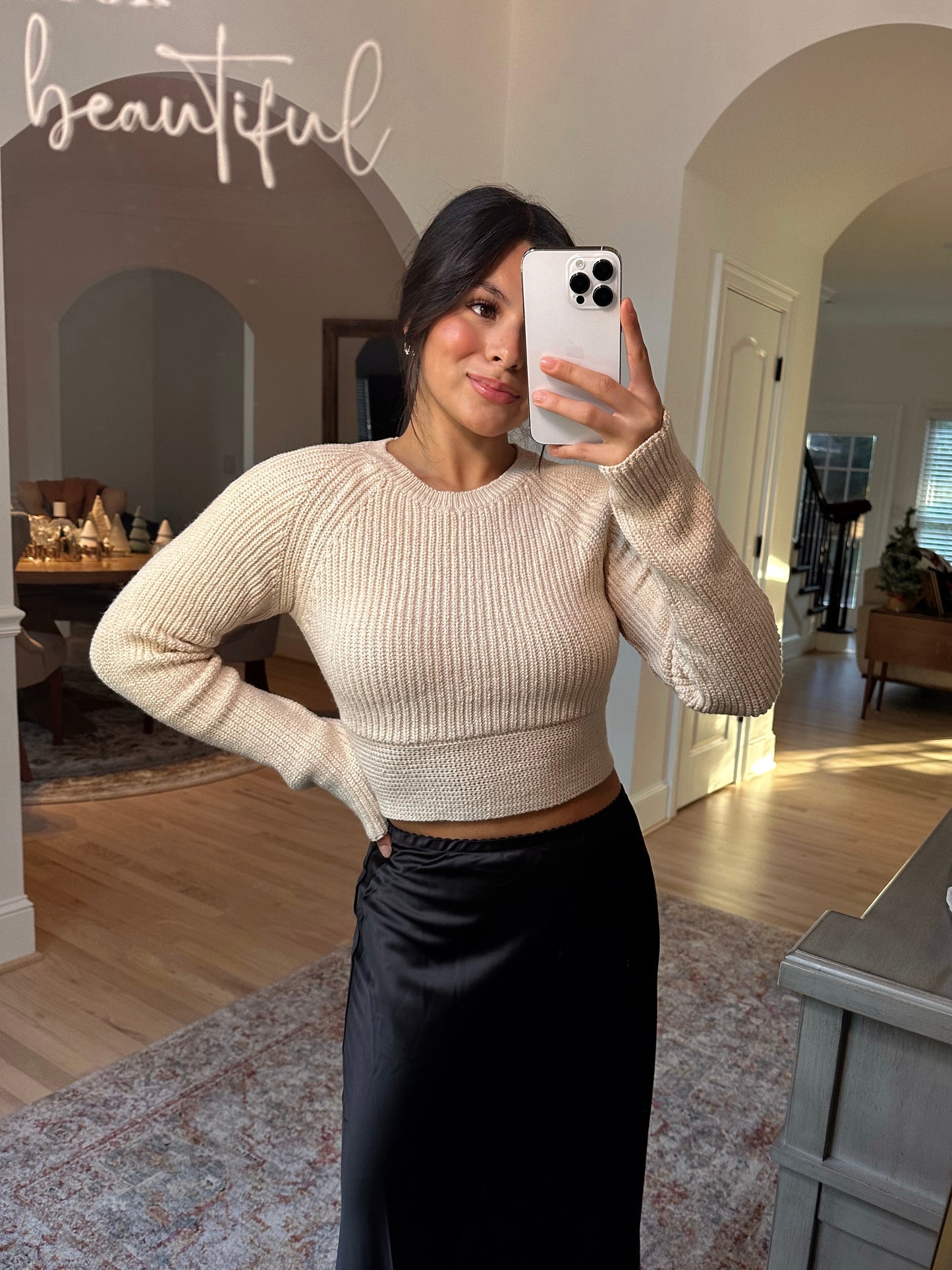 Taupe & Black Satin Bow Knit Top