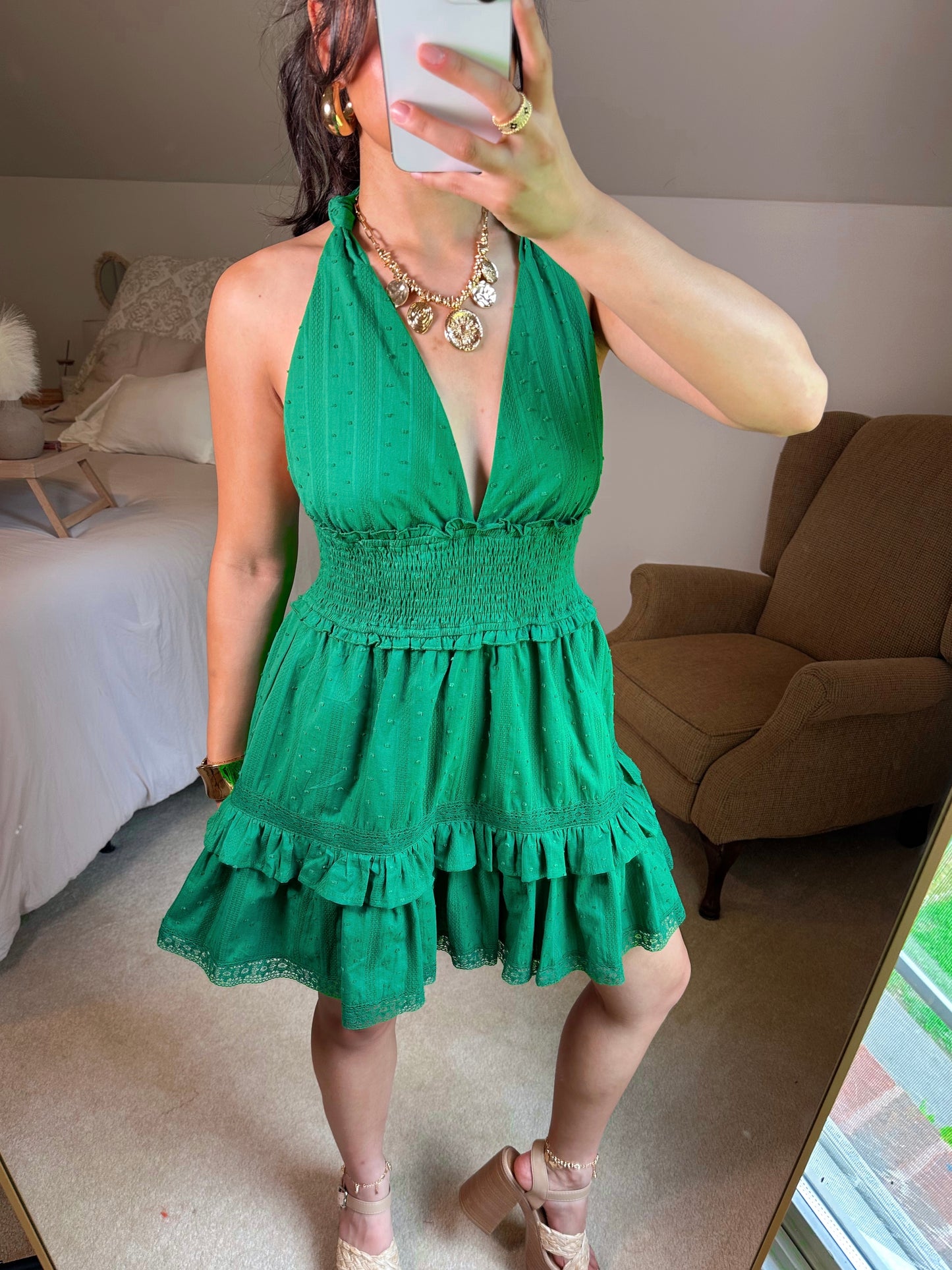 Green Lace Halter Neck Dress