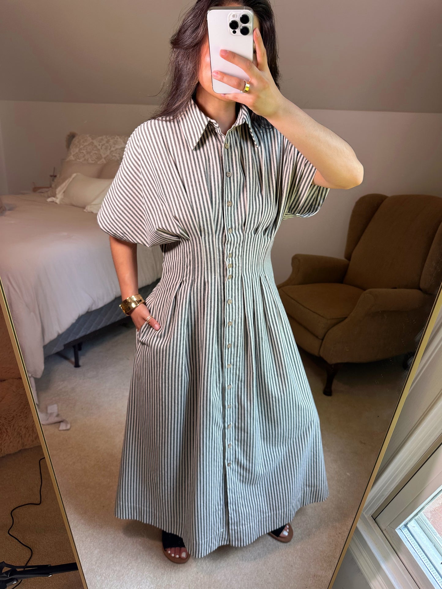 Black & White Striped Pleated Maxi Button Up Dress