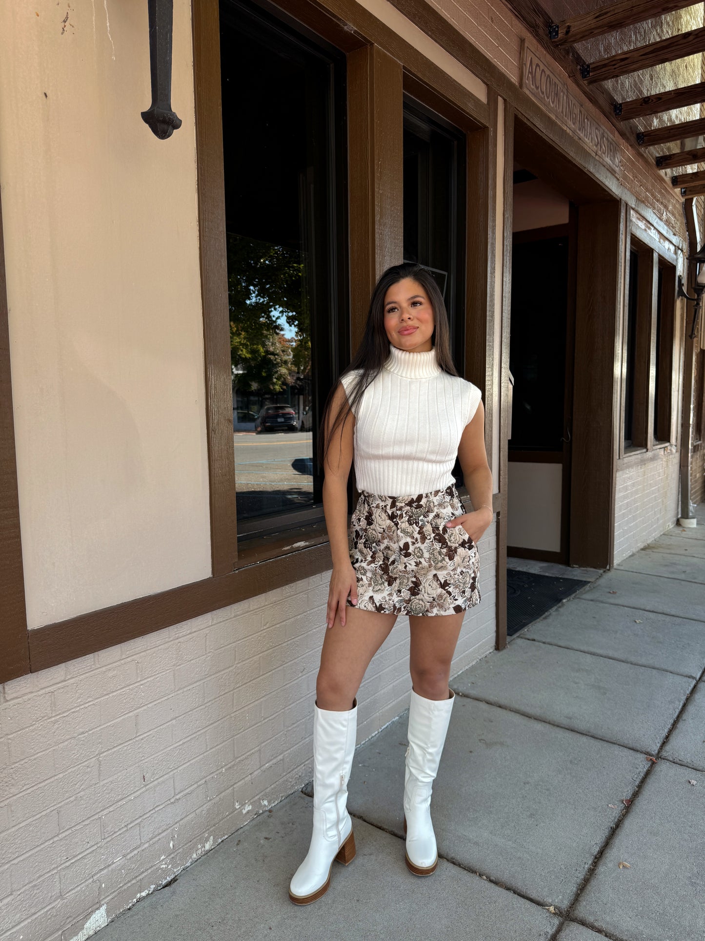 Brown Floral Jacquard Skort