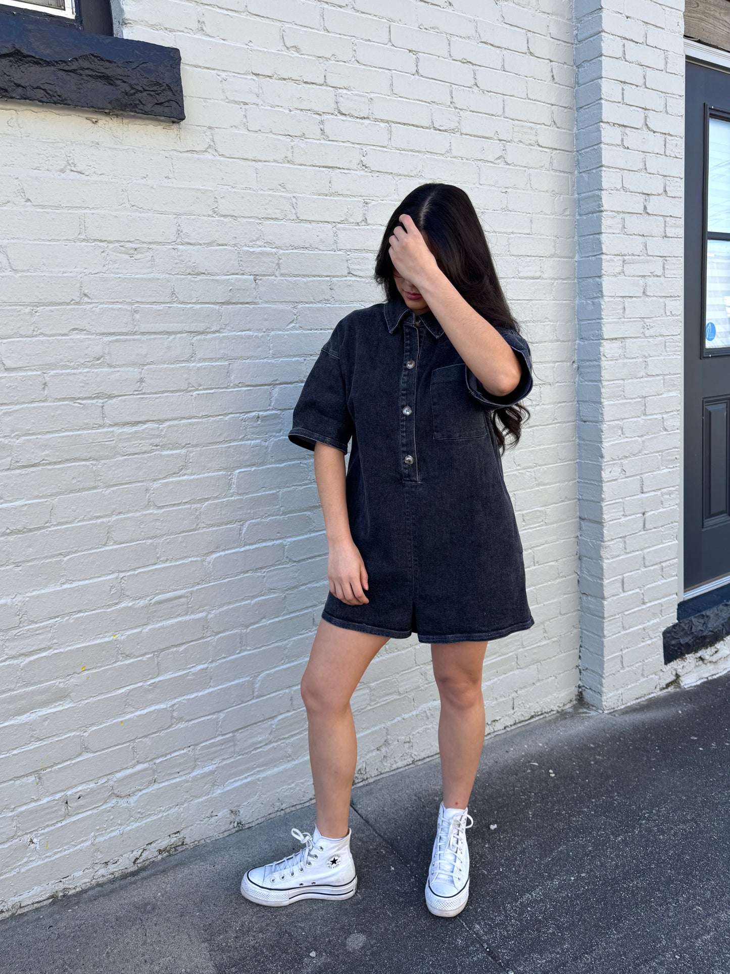 Classic Washed Black Denim Romper