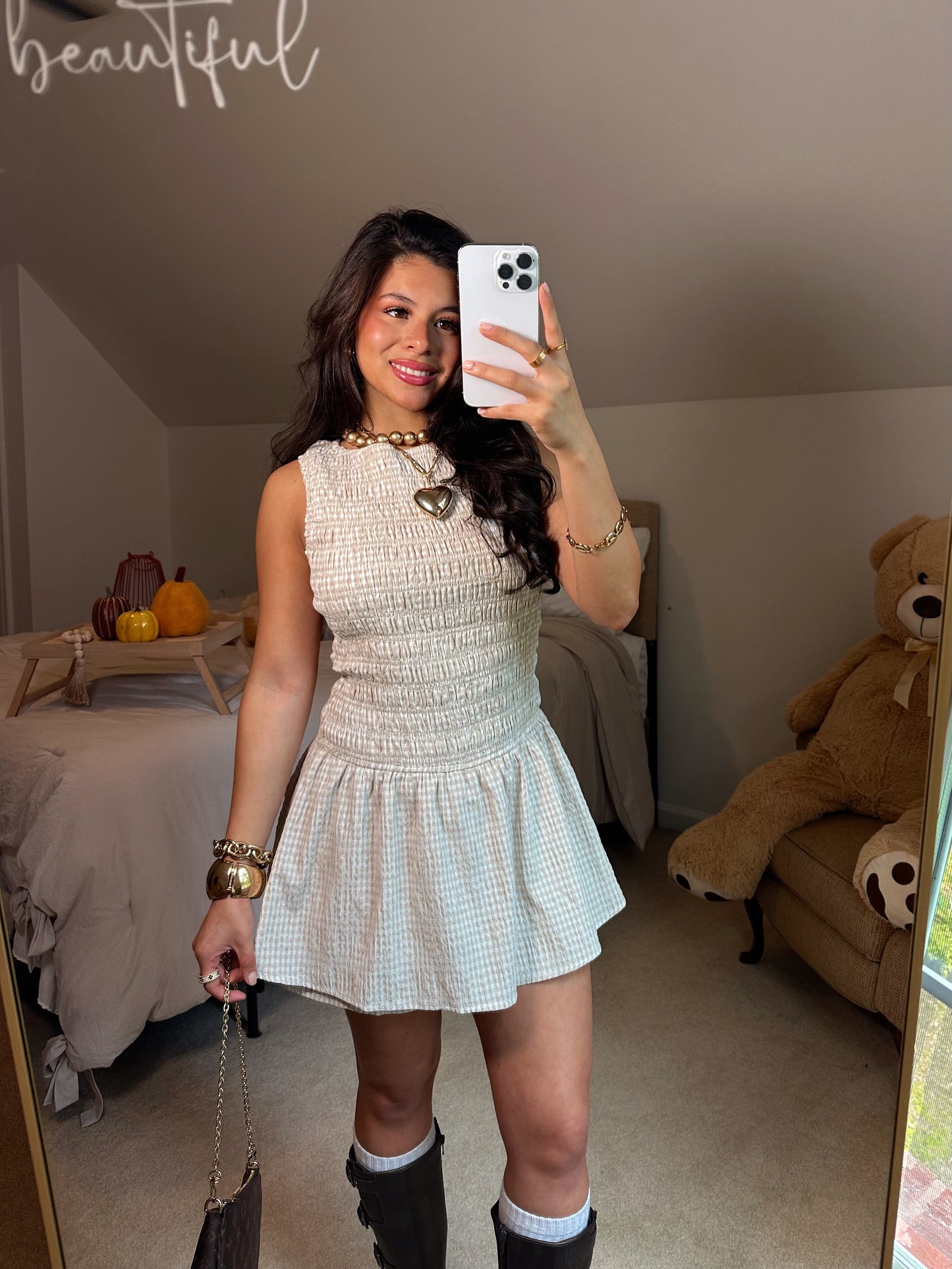 Taupe & White Gingham Romper