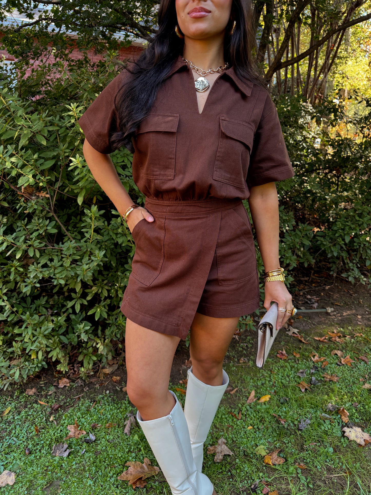 Better in Brown Denim Romper