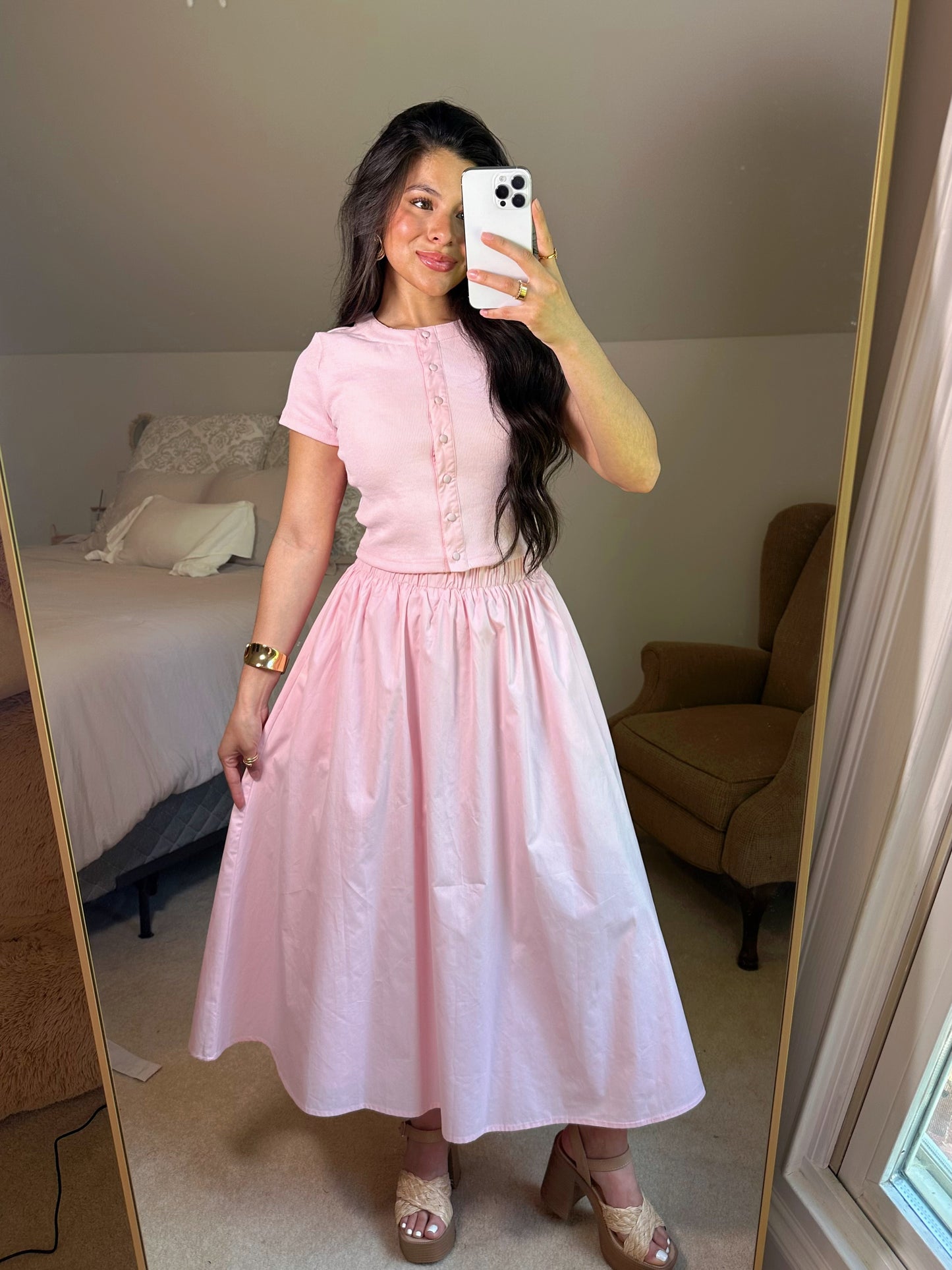 Baby Pink Button Top & Skirt Set