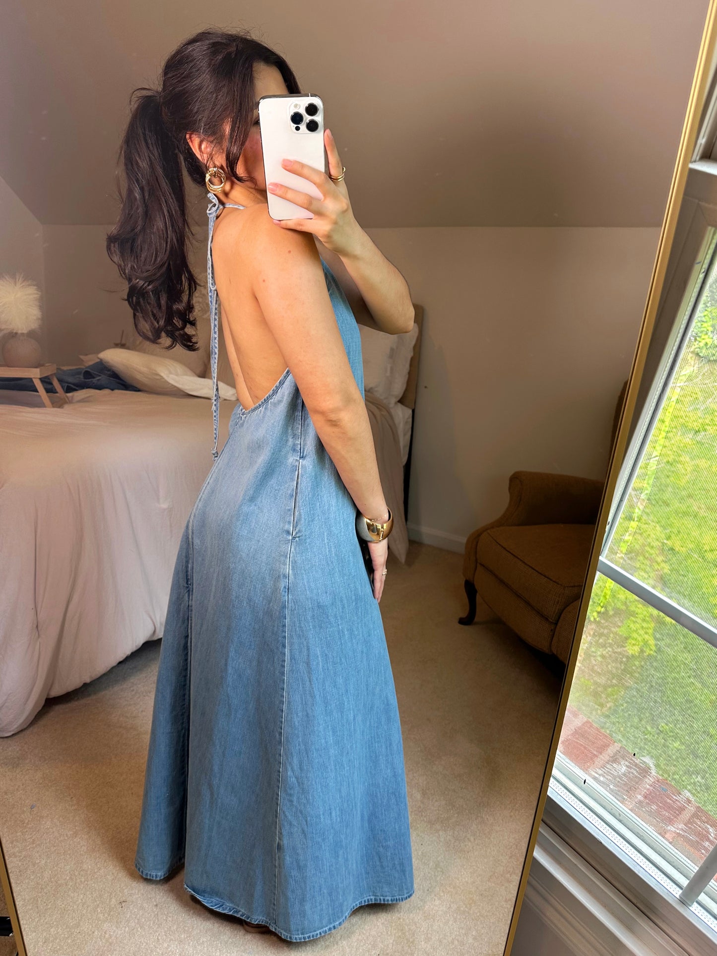 Denim Halter Open Back Maxi Dress