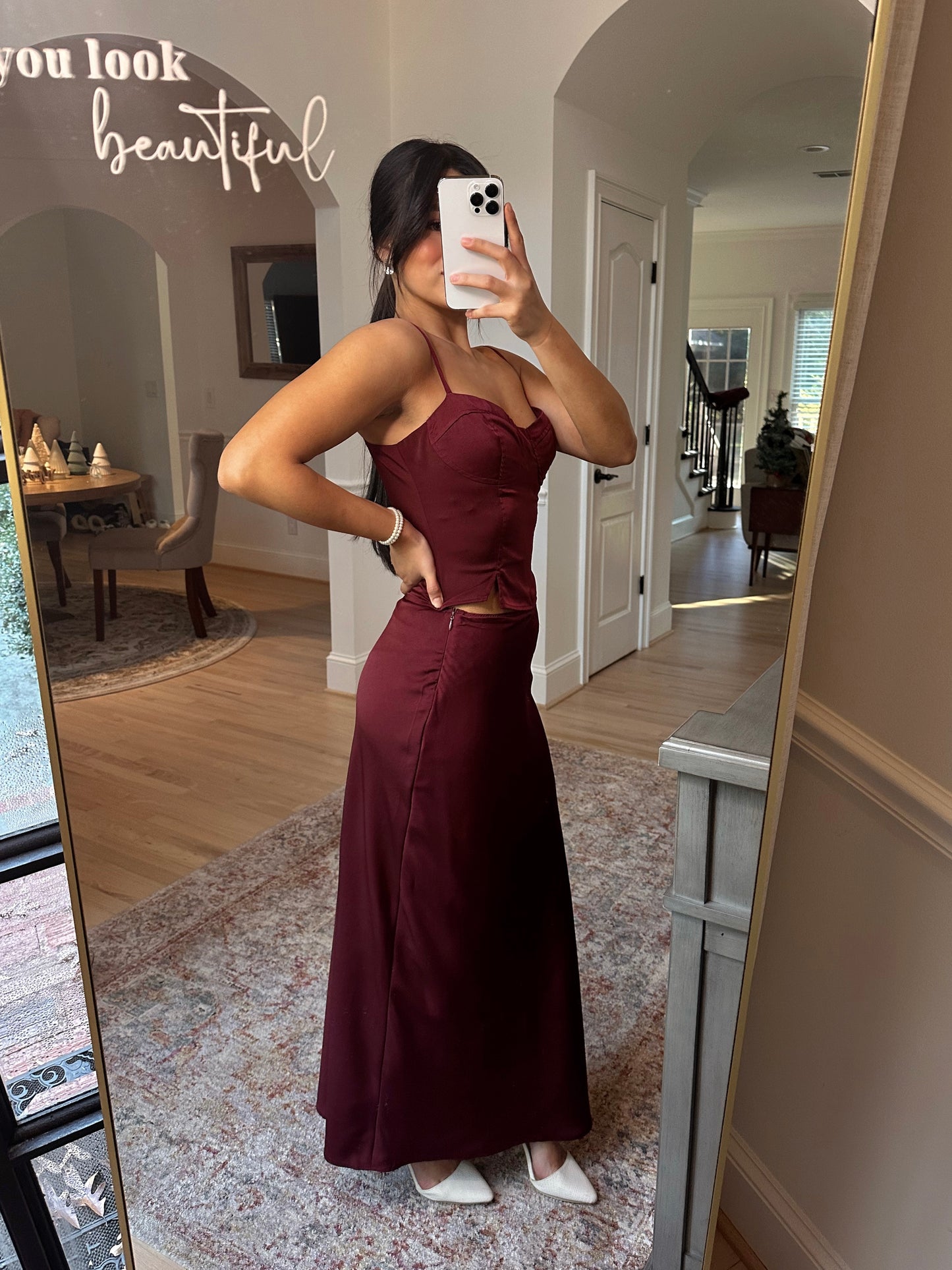 Burgundy Satin Top & Skirt Set