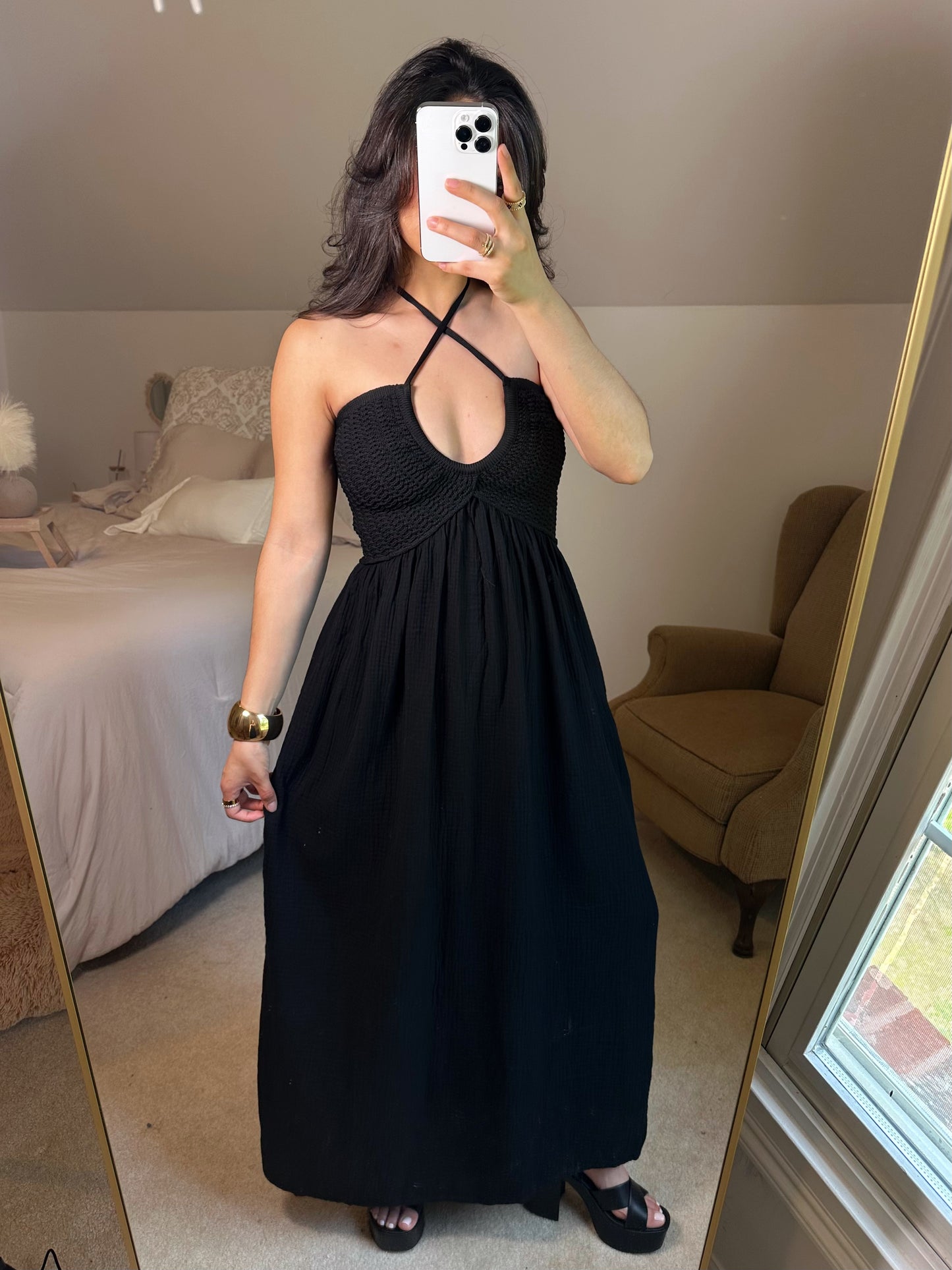 Vacation Black Halter Crochet Maxi Dress