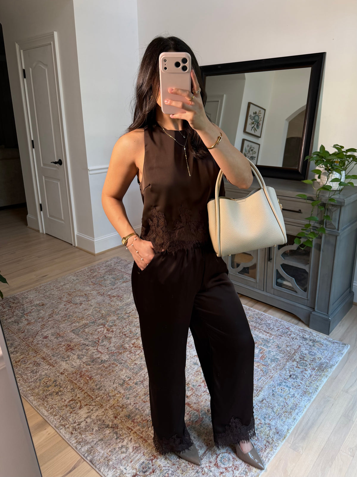 Espresso Brown Satin Top & Pants Set
