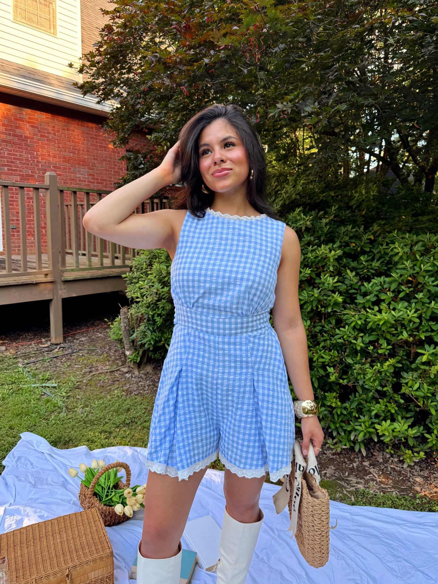 Baby Blue Gingham Lace Trim Romper