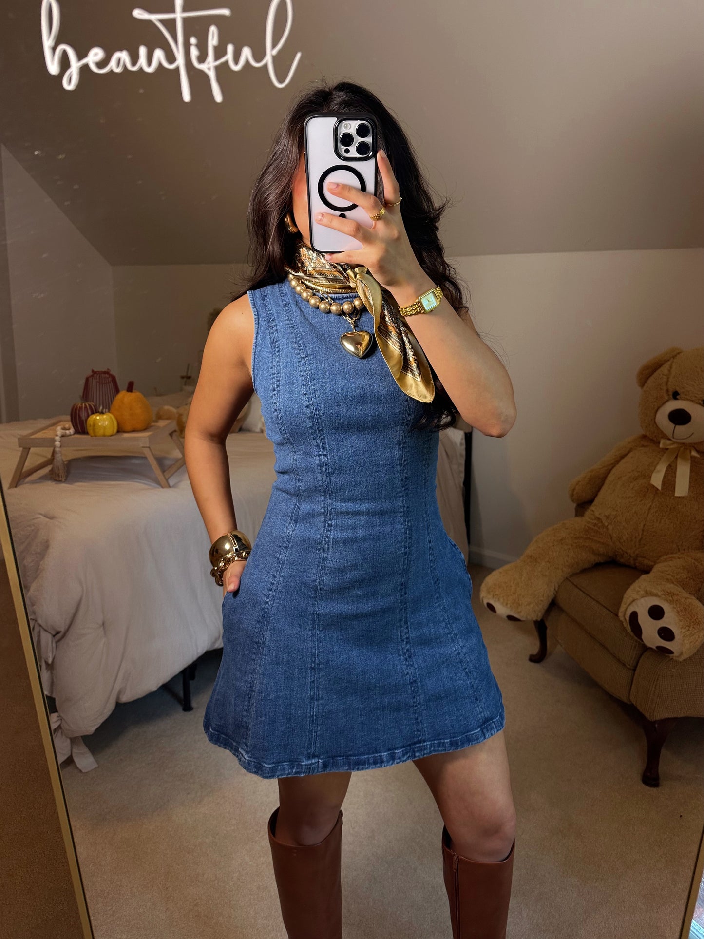 Denim Fit & Flare Stretch Mini Dress