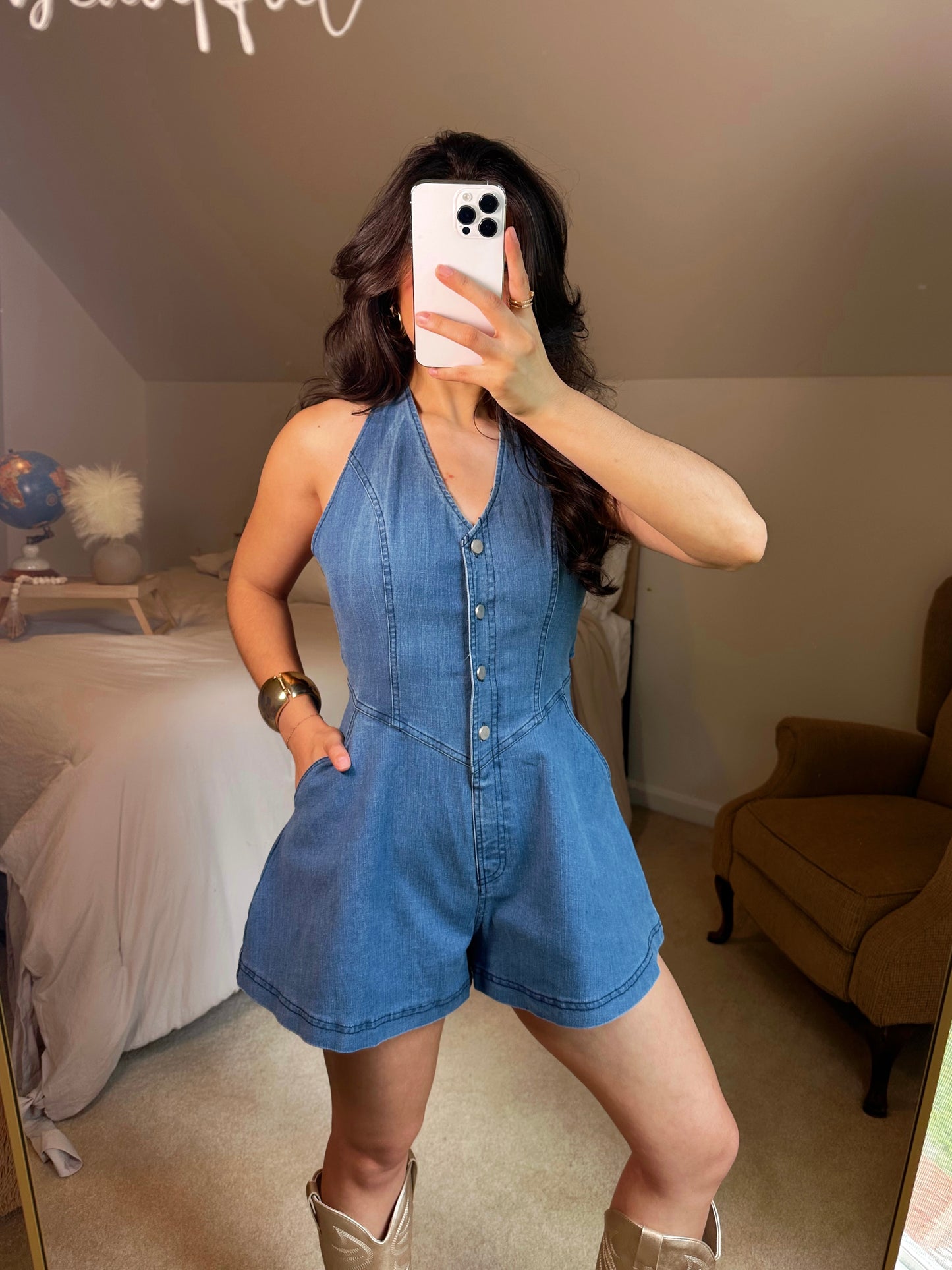 Girly Halter Open Back Denim Romper