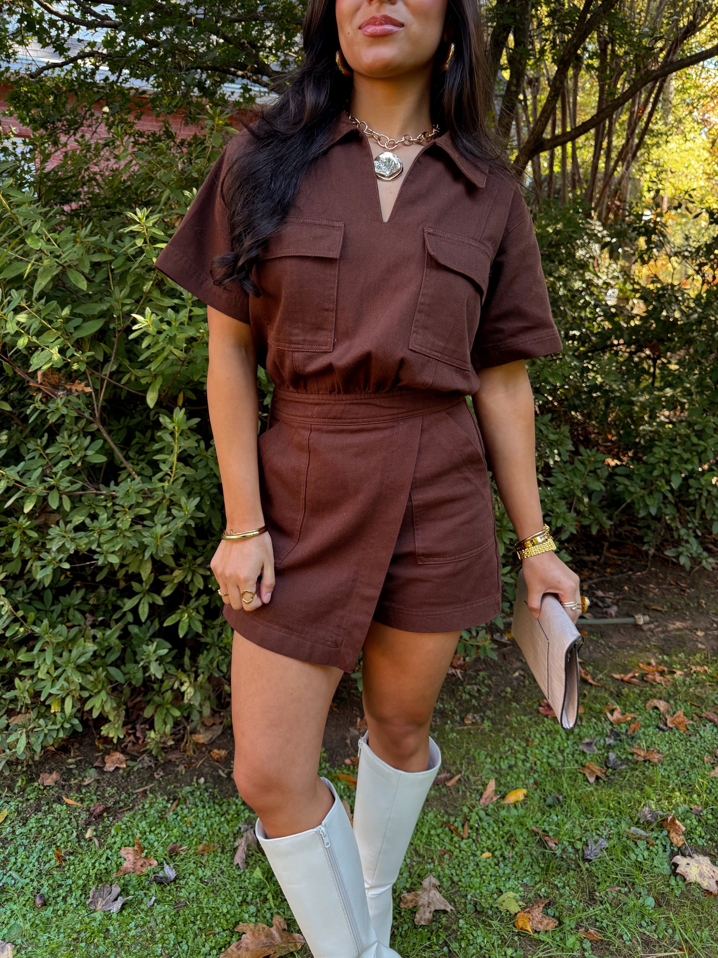 Better in Brown Denim Romper