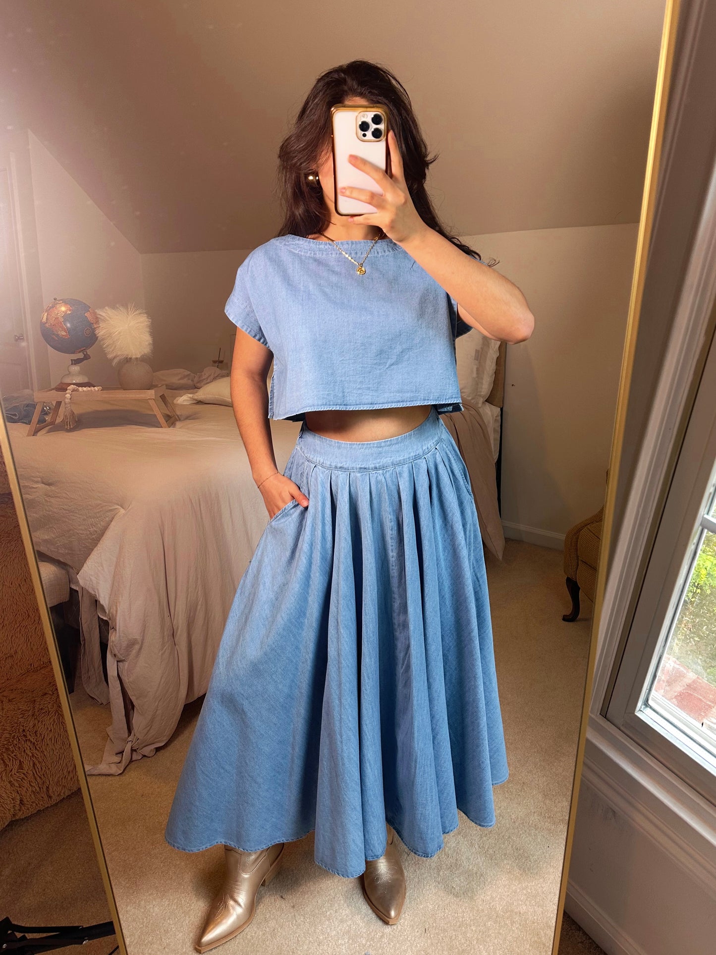 Denim Top and Poplin Pleated Skirt Set