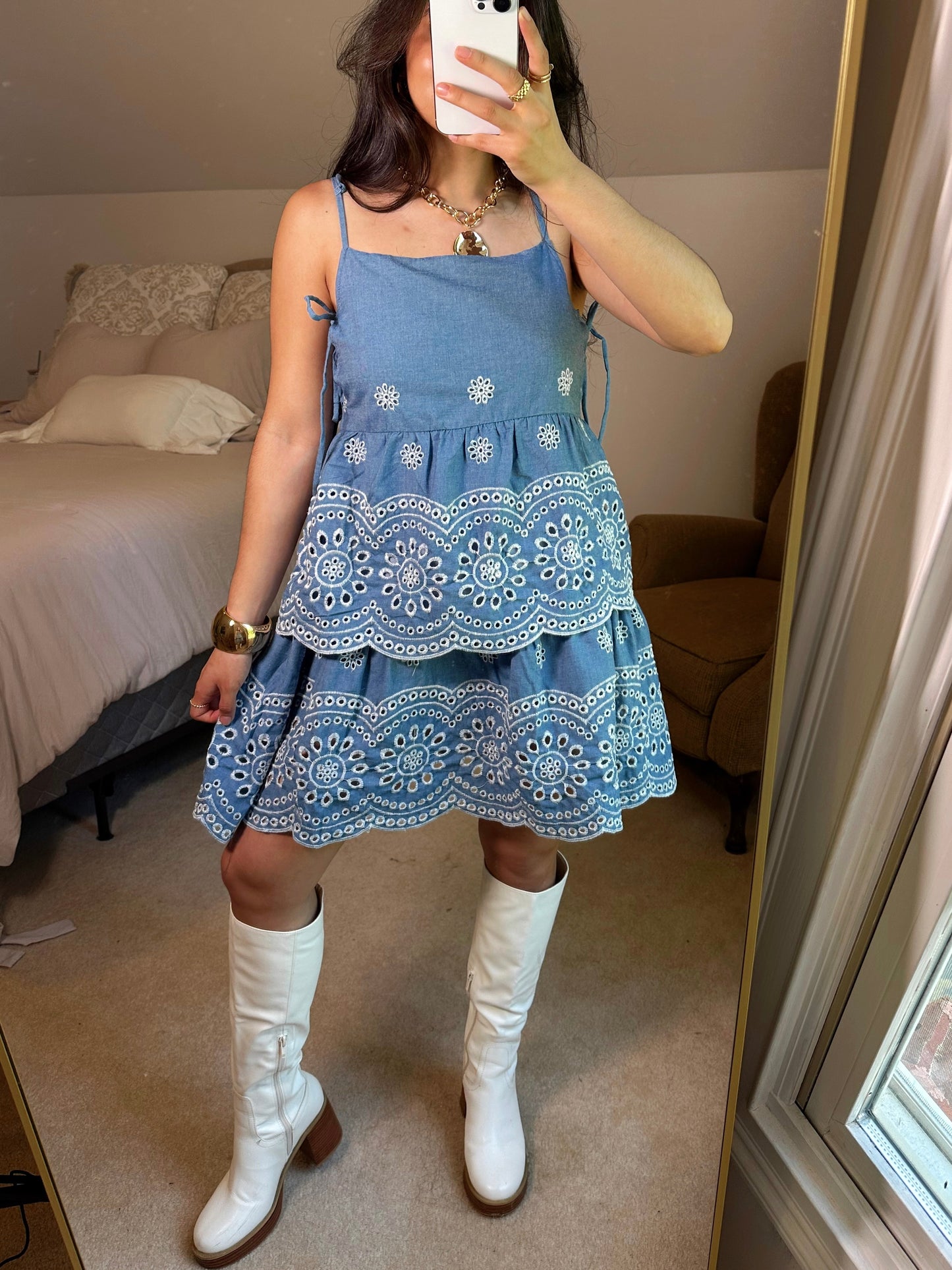 Blue Floral Embroidery Dress