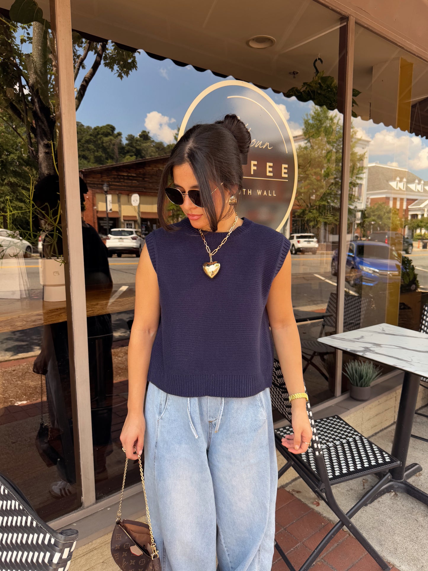 Navy Open Back Knit Top