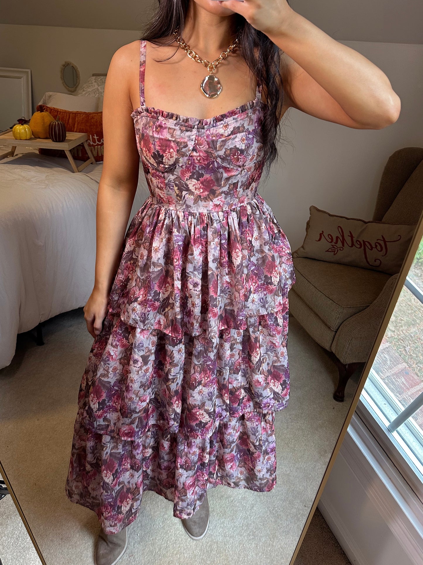 Pink Hues Floral Tiered Midi Dress