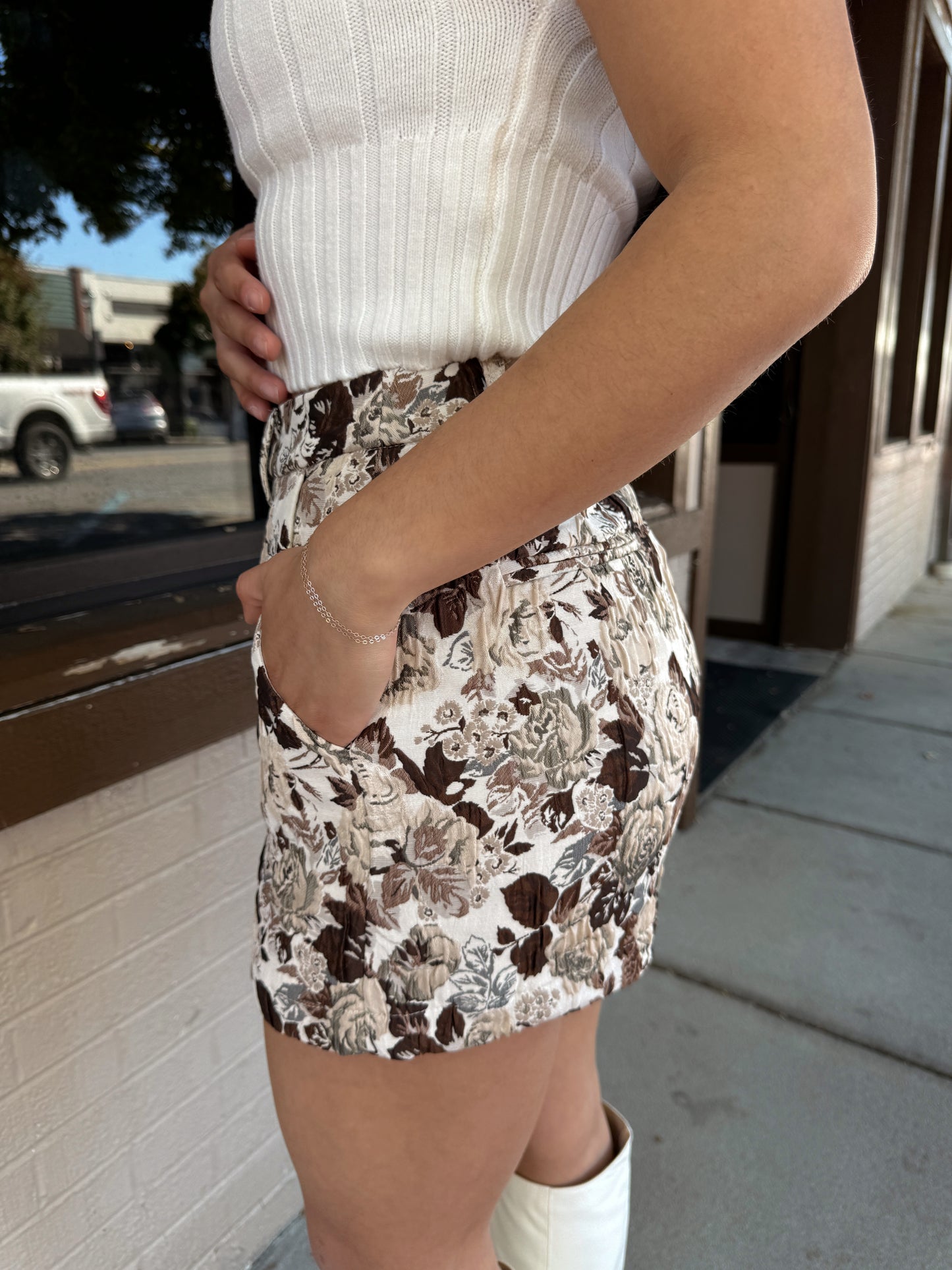 Brown Floral Jacquard Skort