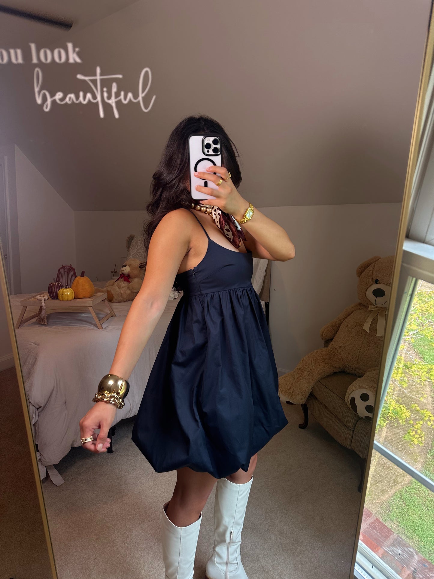 Navy Poplin Bubble Hem Dress